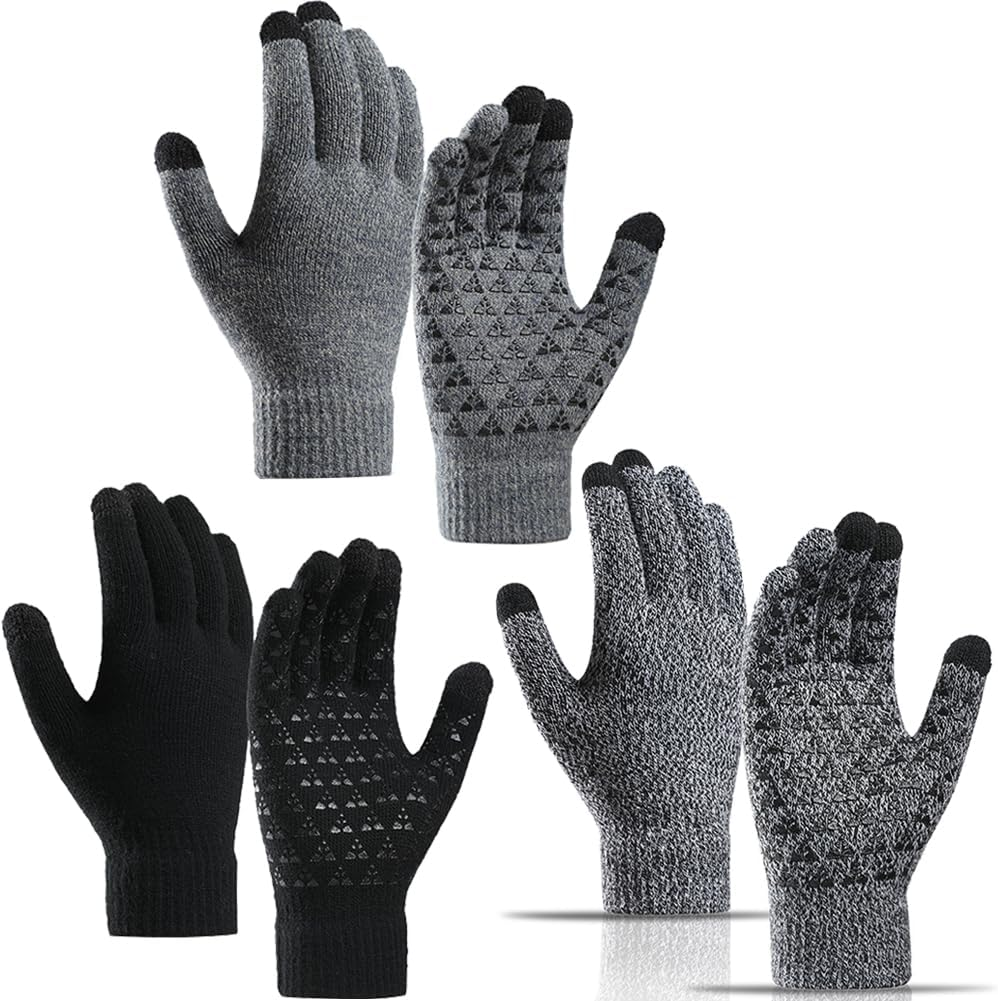 3 Pack Winter Gloves for Men Women, Aufondof Upgraded Thicken Touch Screen Anti-Slip Warm Gloves - Thermal Soft Fleece Knit Lining, Elastic Cuff image number 3