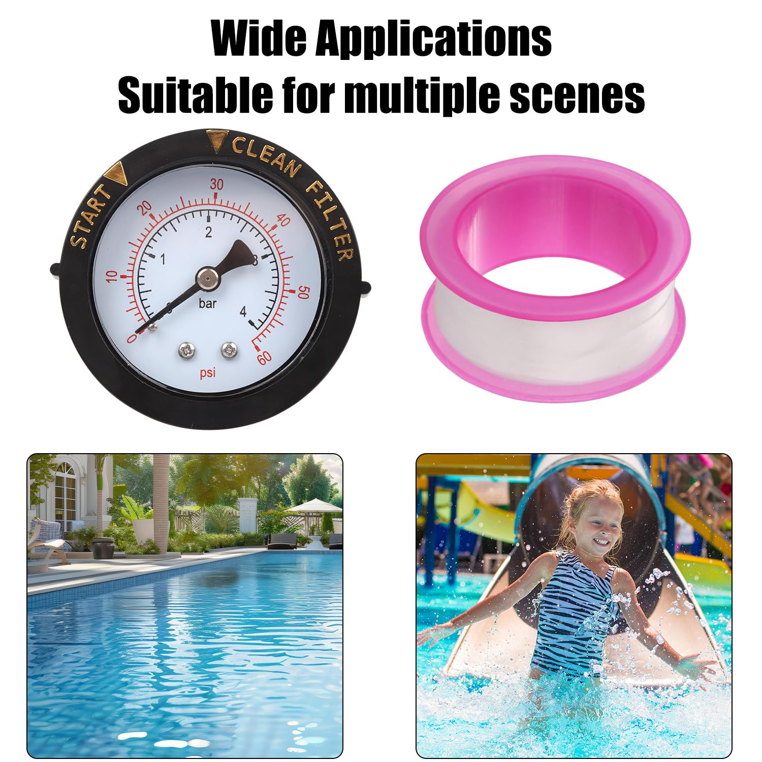 Pool Filter Pressure Gauge 0-60PSI with Sealing Tape, 1/4 NPT Back Mount Water Pressure Gauge Clean Filter Indicator for Swimming Pools Pumps Spa Aquarium Pressure Test image number 2
