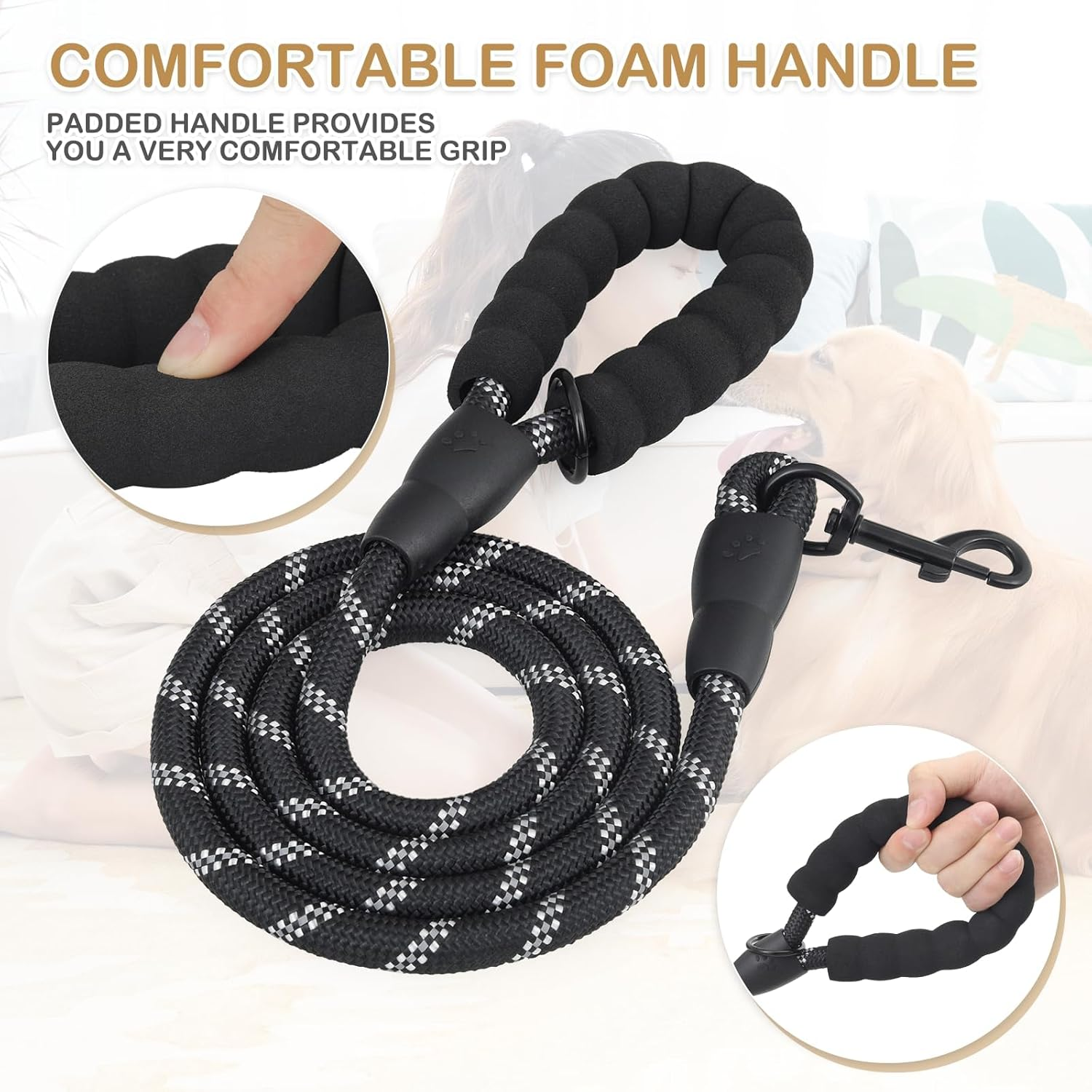 Training Leash for Dogs, 3M (10FT) Strong Rope Dog Lead Leash with Soft Padded Handle & Heavy Duty Hook, Reflective Recall Training Lead for Small Medium Large Dogs(Black) - Blue image number 5