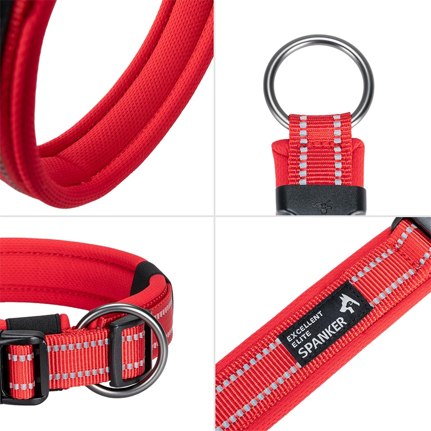 EXCELLENT ELITE SPANKER Reflective Nylon Dog Collar with Breathable Soft Padded Adjustable Thick Pet Collars for Small Medium Large Dogs Walking Training(Red-L) image number 7