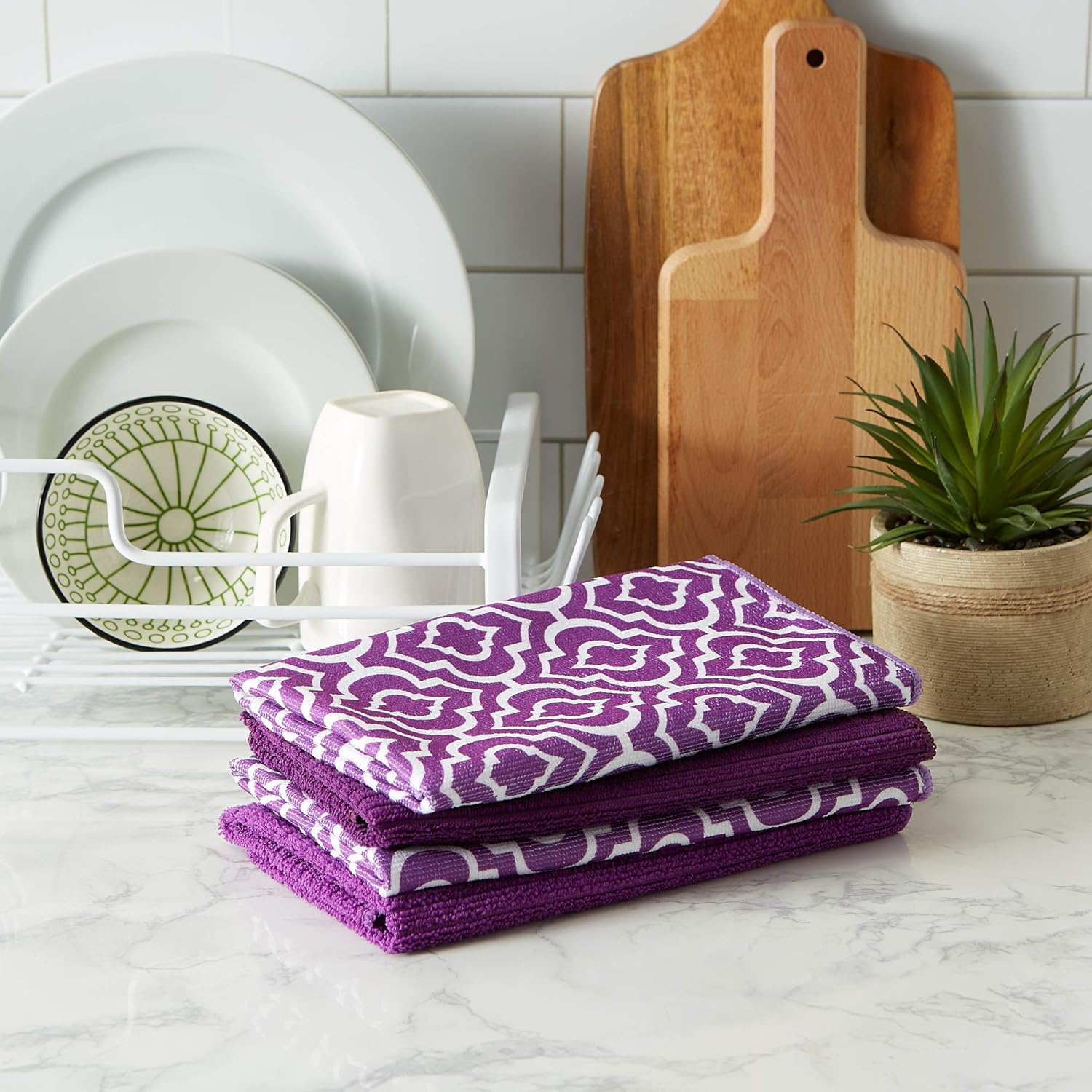 DII Multi-Purpose Microfiber Cleaning Cloth, Washing, Drying, Ultra Absorbent Dishtowel, Use for Glass, Travel, LCD Screens, Electronics, Cars, Kitchen, Bathroom, 16X19 (Set of 4) - Eggplant Lattice image number 2