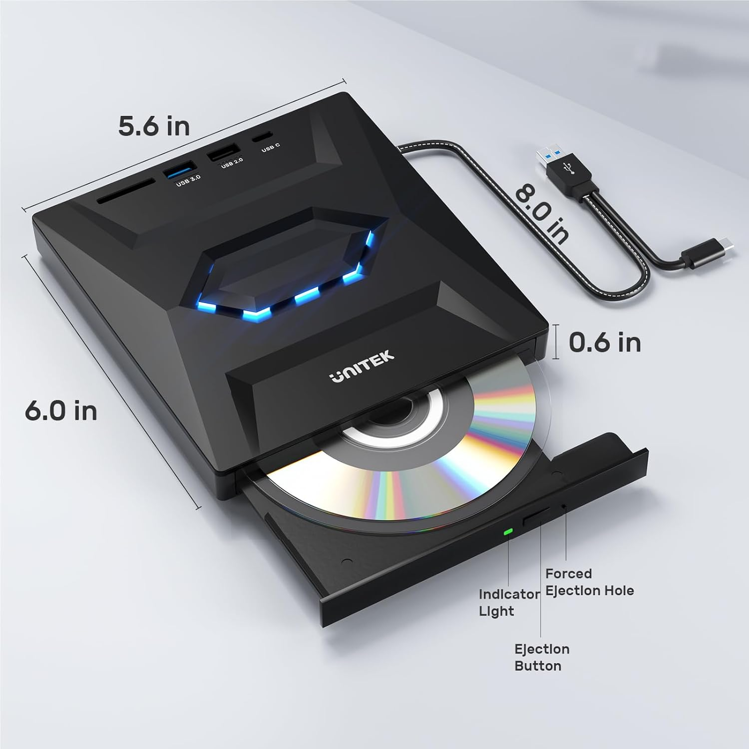 Unitek External CD DVD Drive, USB C Portable CD/DVD +/-RW Drive/Dvd Player with SD Card Reader USB 3.0 USB C Hub CD ROM Burner Compatible with Laptop Desktop PC Windows Linux OS Apple Mac image number 4