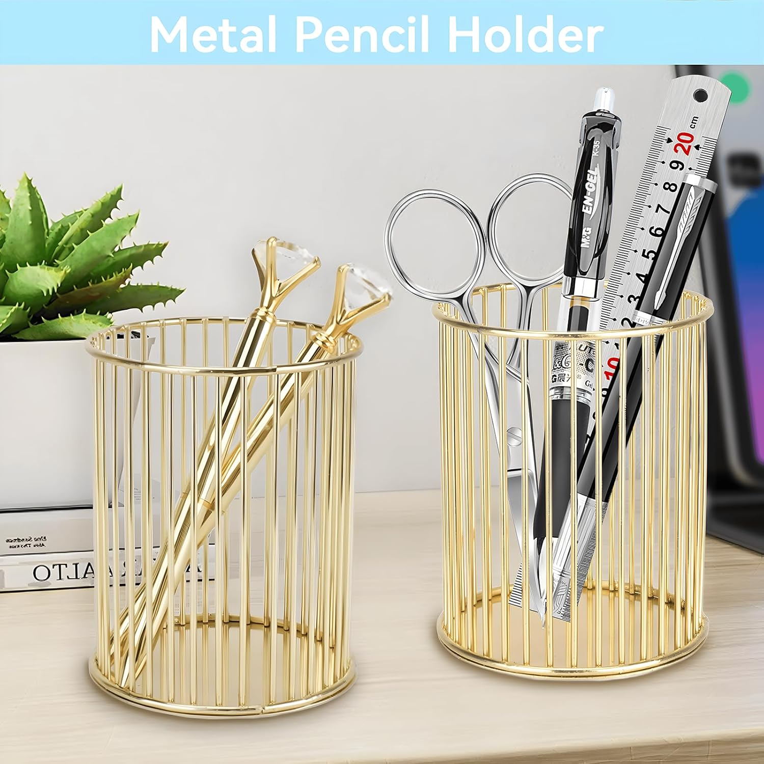 WATUNID Metal Pen Holder with 2 Pieces Diamond Pens and Gold Signing Pencil Stand Set, Makeup Brush Holder, Openwork round Art Table Accessories, Mesh Pen Pot Pen Holder for School, Office, Home image number 3