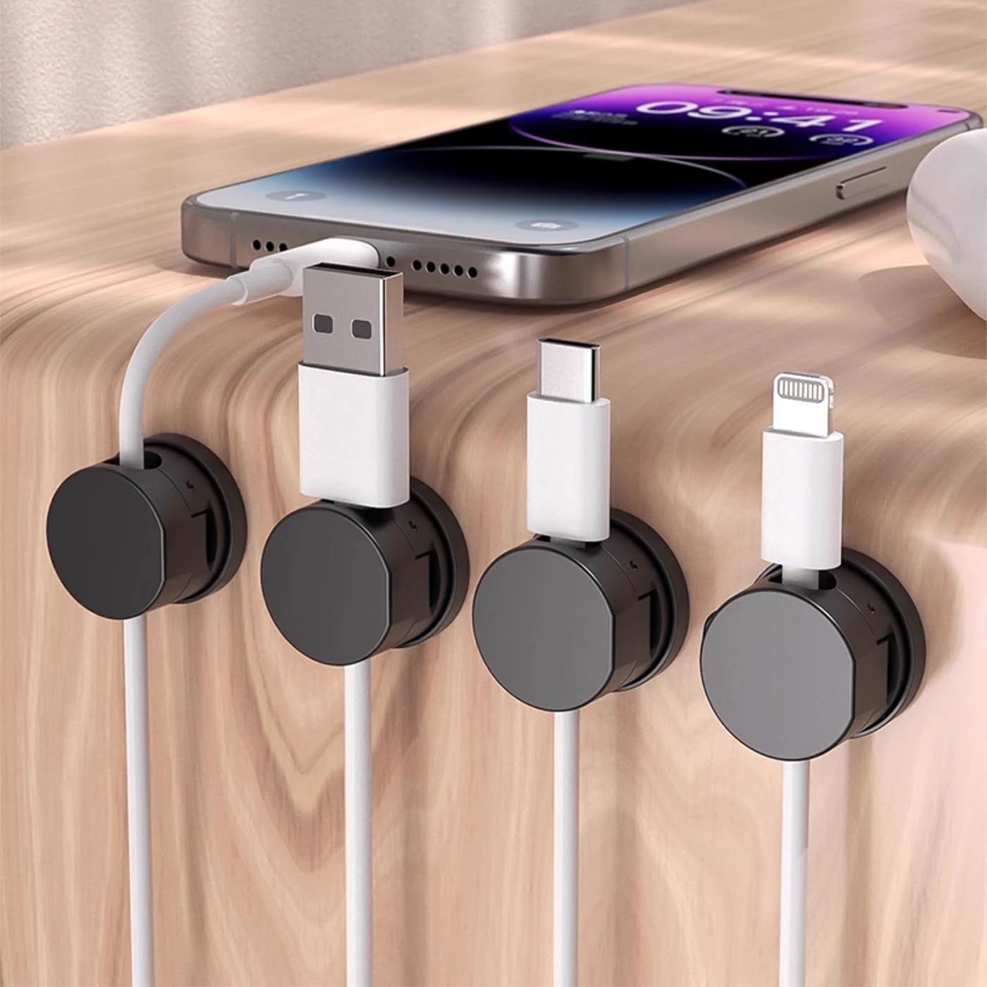 6 Pack Magnetic Cable Clip Desktop Cable Organizer 360&deg; Rotating Adhesive Cord Holder Keeper USB Charger Wire Tidy Holder for Phone Office Desktop Nightstand Car (Black) image number 5