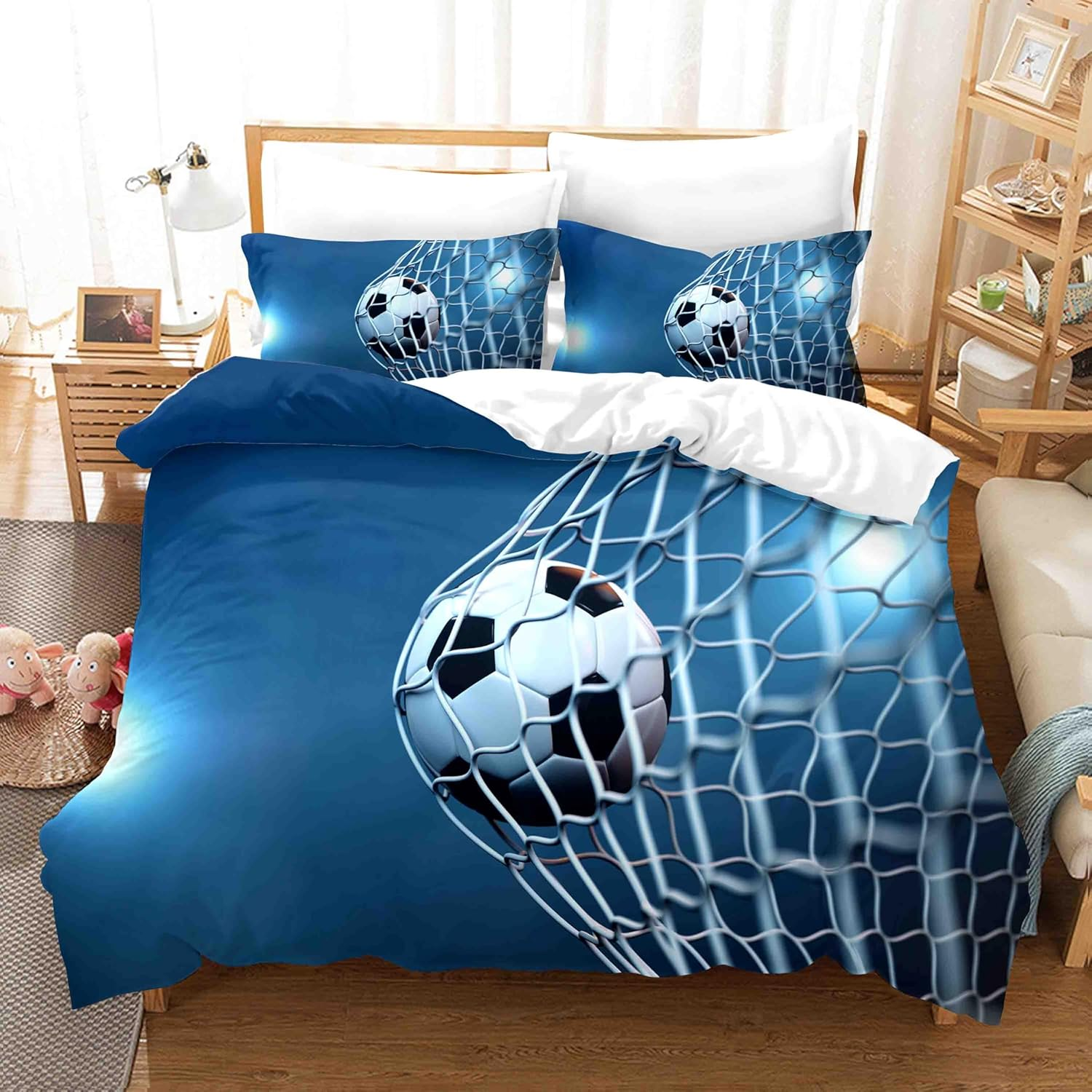 3D Sports Football Blue Quilt Cover Set Bedding Set with Pillowcases, Single/Double/Queen/King Size (Double) image number 1