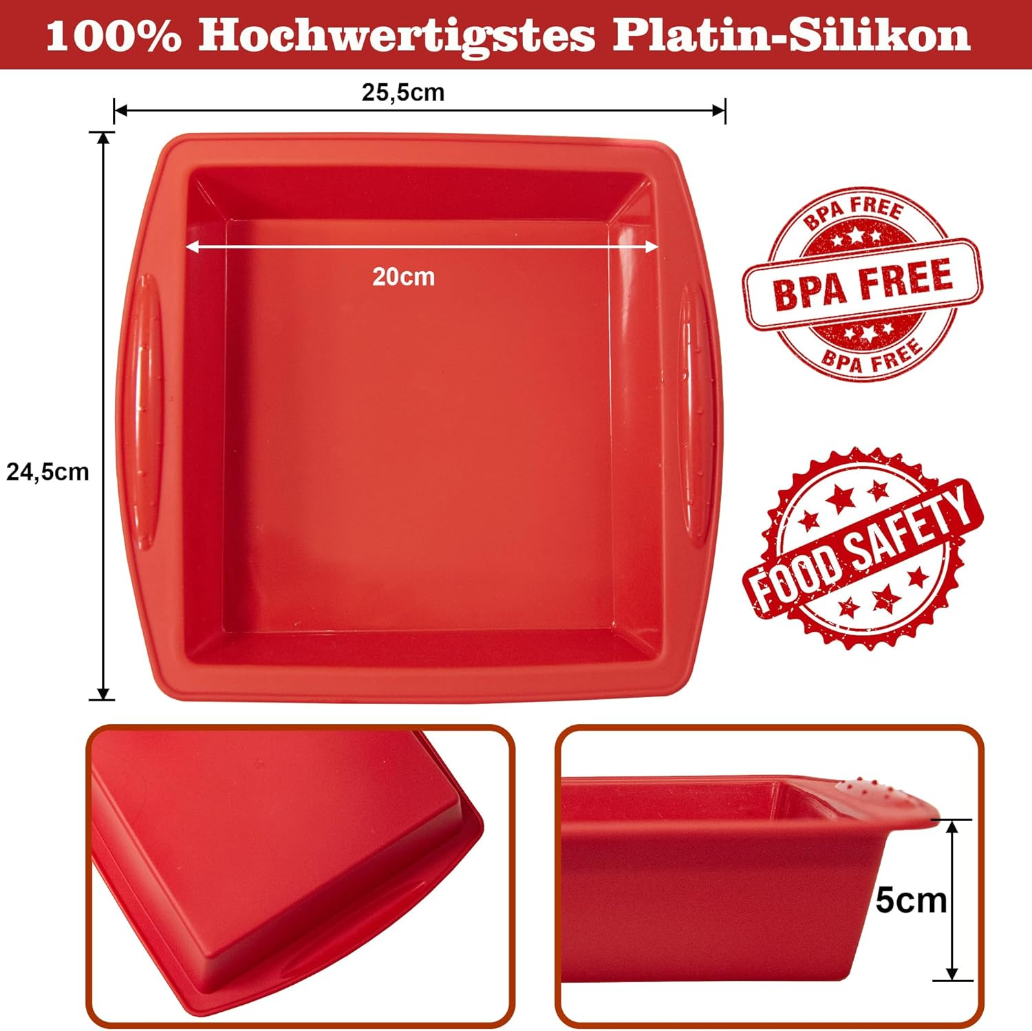 Mlying Silicone Brownie Baking Mould 20 X 20 Cm, Pack of 2 Brownie Moulds Square with Handles, Non-Stick Baking Moulds, Silicone Moulds for Baking Brownies (Square, 2 Pieces, 20 Cm) image number 5