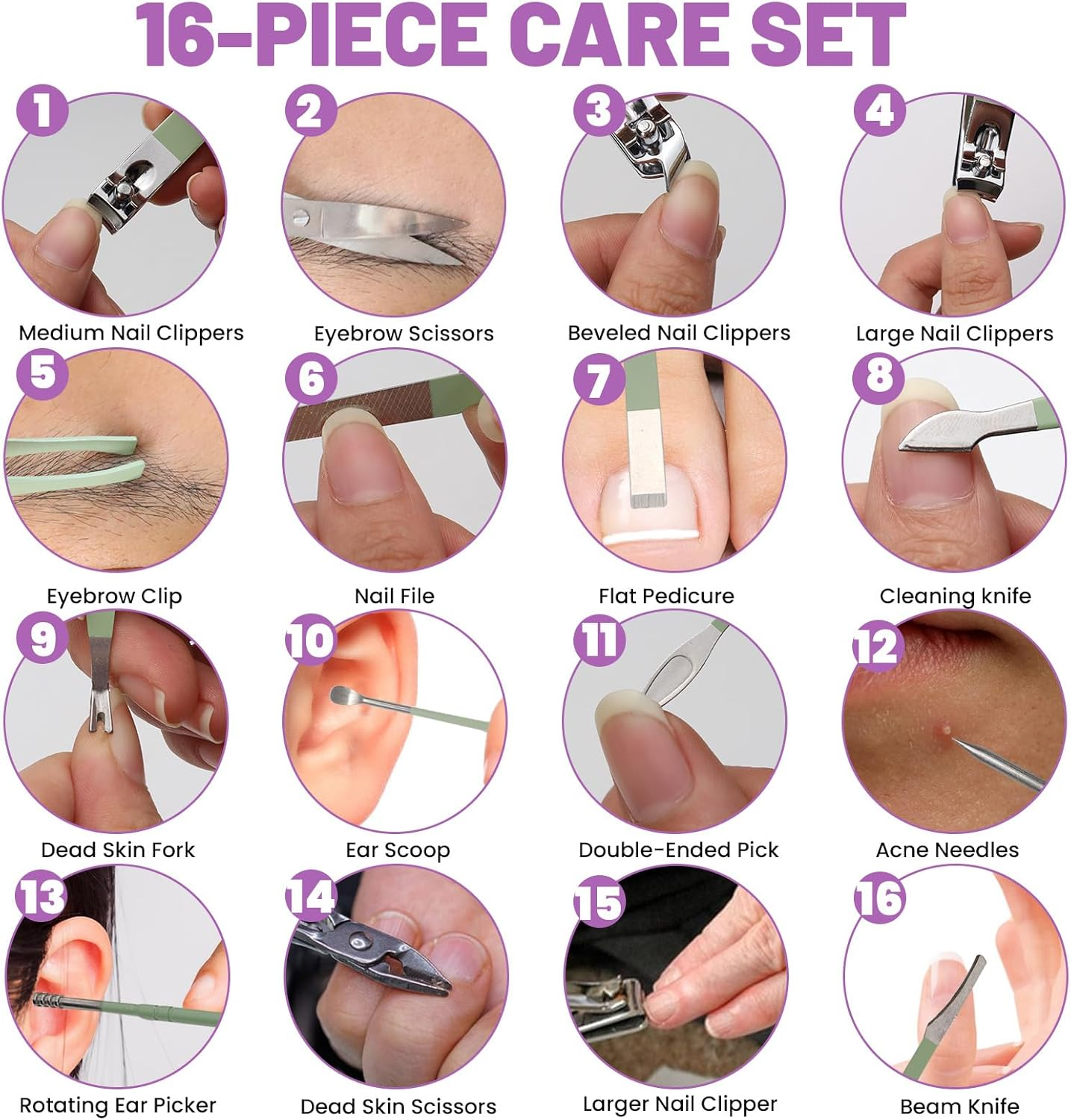 Realand Manicure Set 2 Set 16+4 Pieces Nail Care Set Pedicure Set Professional Nail Clippers Manicure Pedicure Set Travel Manicure Tools Grooming Kit (Purple) - Purple image number 5