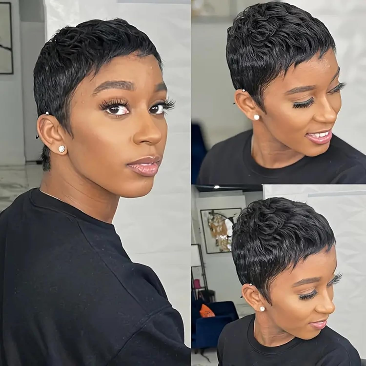 VCK Short Human Hair Wigs for Black Women Short Layered Pixie Cut for Women Black Bob Brazilian Remy Human Hair Glueless Full Machine Made image number 5