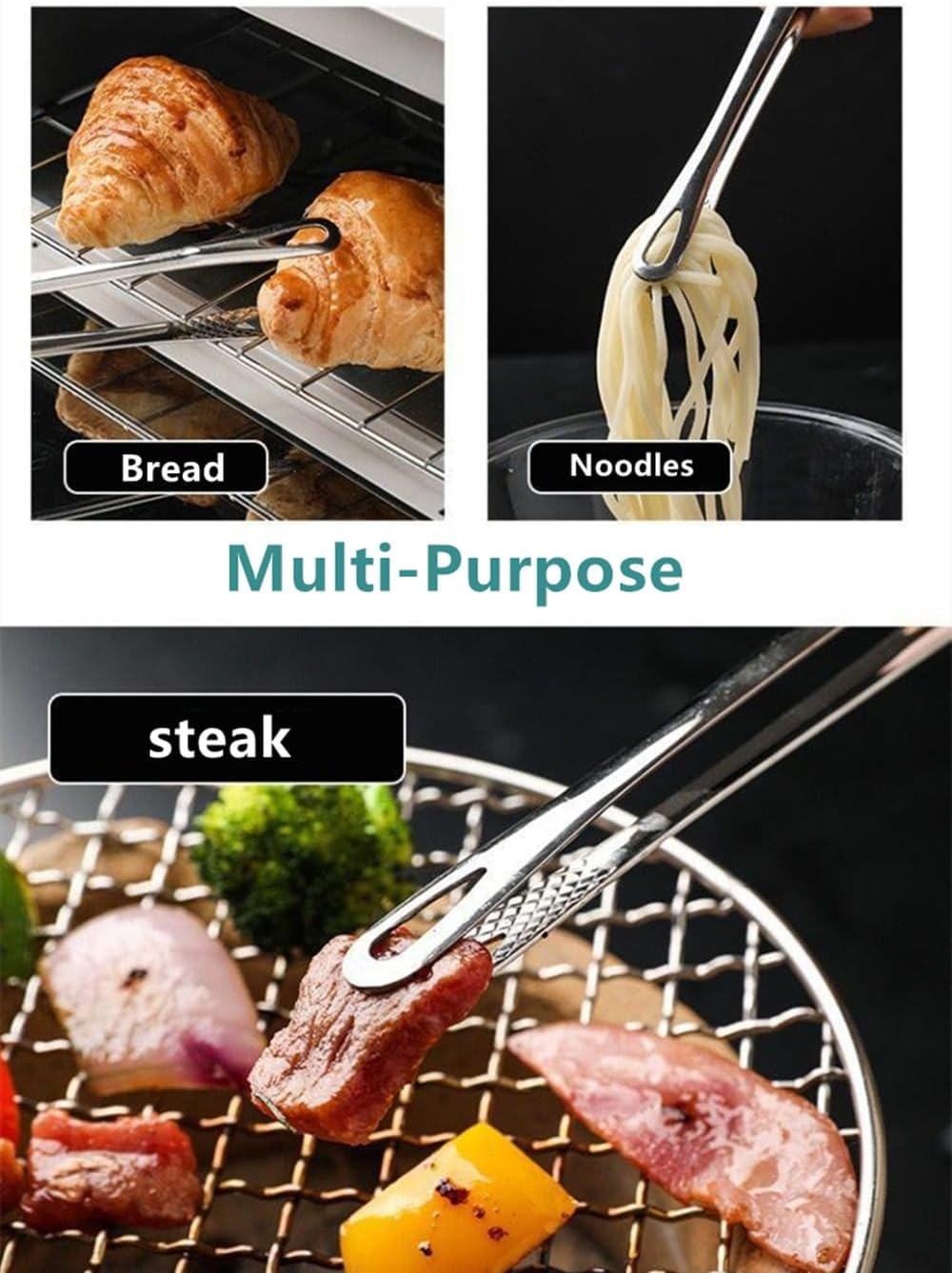 Stainless Steel Kitchen Tongs ，Stainless Steel Grill Tongs Kitchen Food Tongs Tweezers Cooking Clamp Tool for Salad Fish Steak Barbecue Buffet Meat（5 Pcs ） image number 5