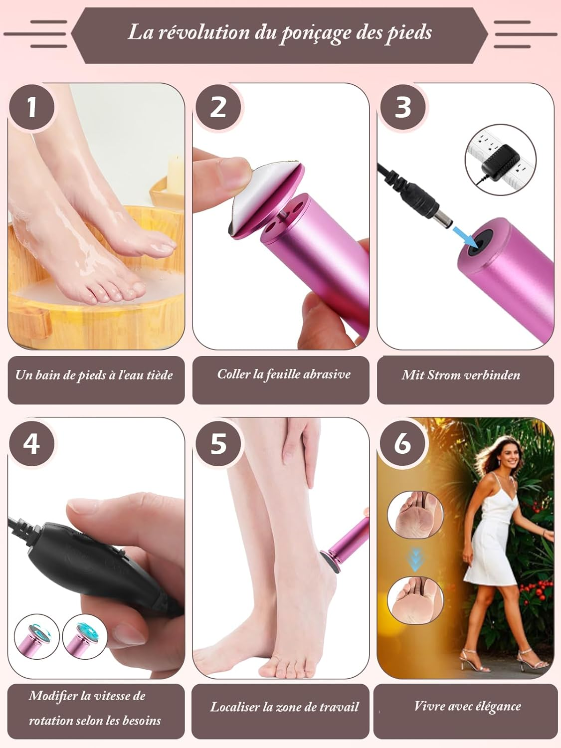 MOWLIE Electric Callus Remover with 60 Pieces Replacement Sanding Pads, Electric Callus Remover Set, Pro Pedicure Foot File, Efficient Pedicure Set, Foot Care for Dead Hard Cracked Skin image number 2