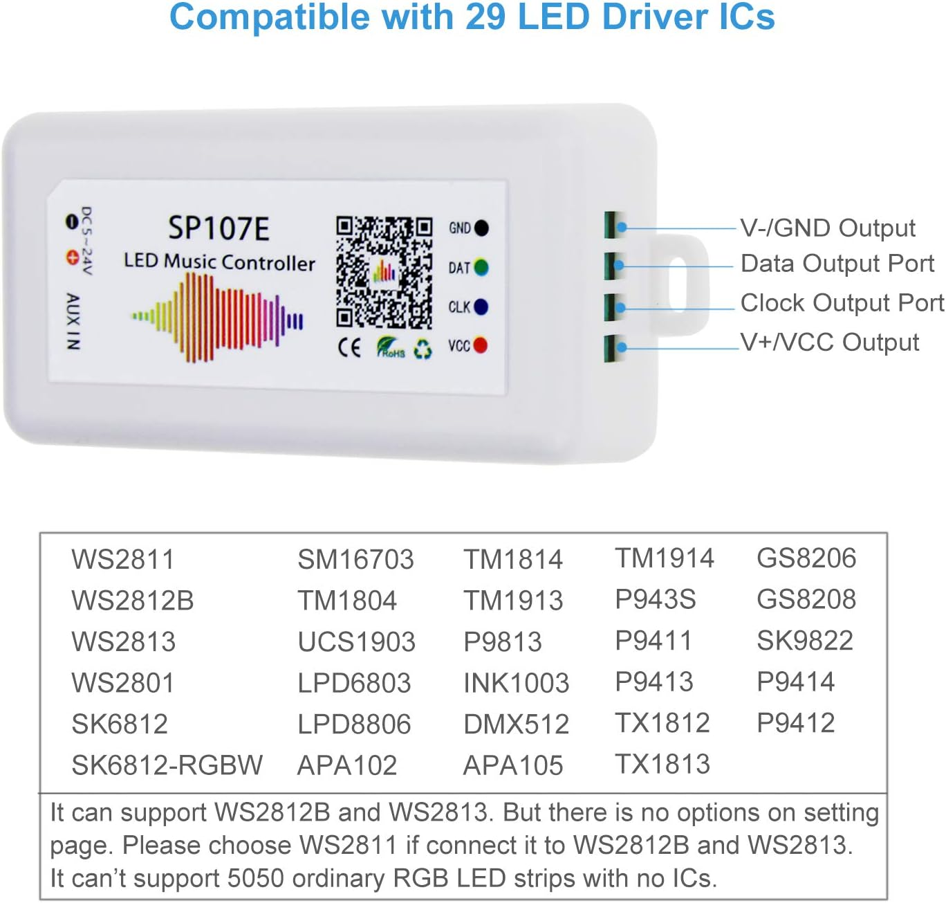 ALITOVE WS2812B WS2811 WS2815 LED Controller Music Sync Bluetooth App Control by Ios Android for WS2812 WS2813 SK6812 WS2801 Dream Color Addressable LED Strip Matrix Panel Pixel Light, Mic/Aux Input