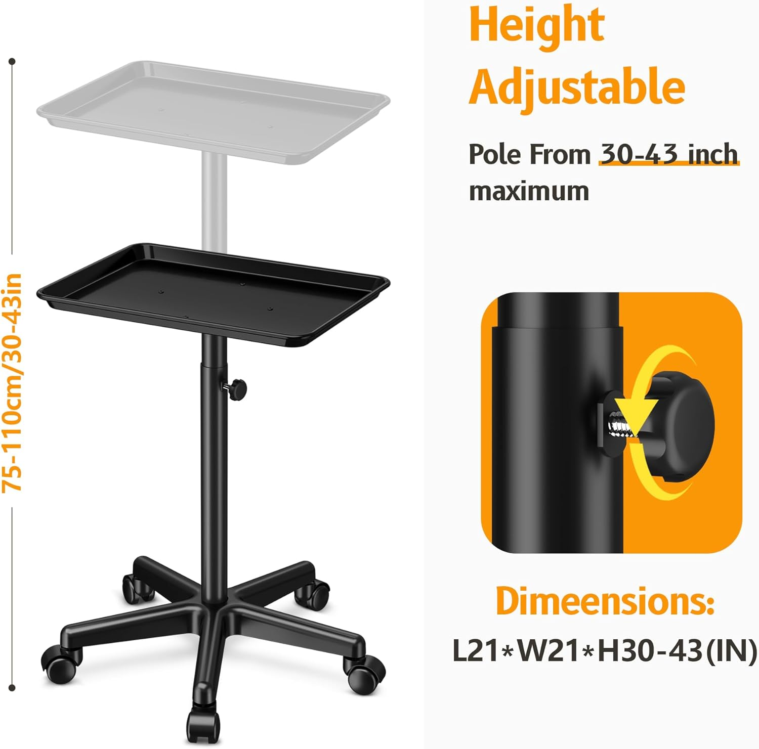 DEER BEAUTY Salon Tray on Wheels - Premium Aluminum Tattoo Tray Rolling Trolley - Adjustable Salon Service Rolling Tray Hairdresser Cart with Clinic Spa Rolling Tray Wheels (Black) - Black image number 6