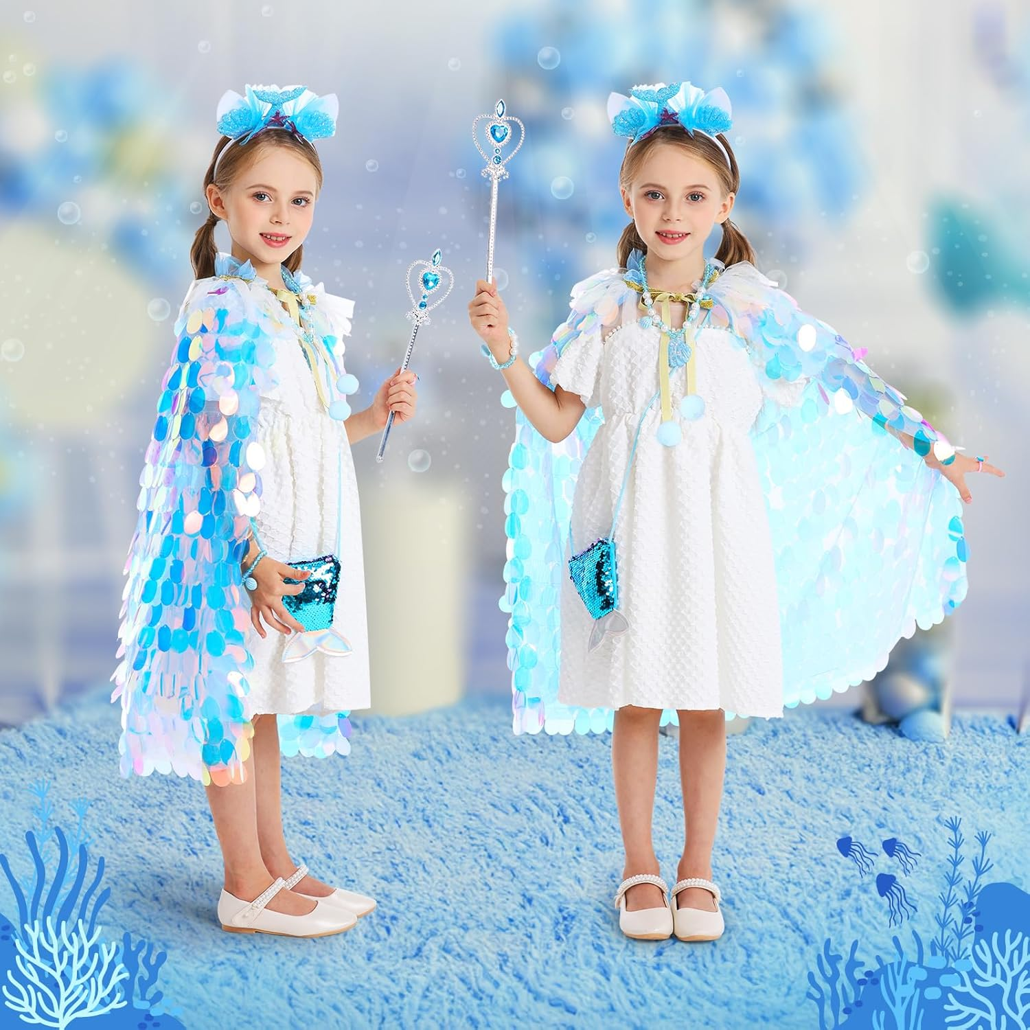 Princess Dress up Toys Princess Dress up Clothes Rainbow Mermaid Cape Kit 9 Pcs Gift Set for Little Girls 3-8 Years Old (Blue) - 7 - Light Up Rainbow Multi-Color image number 6