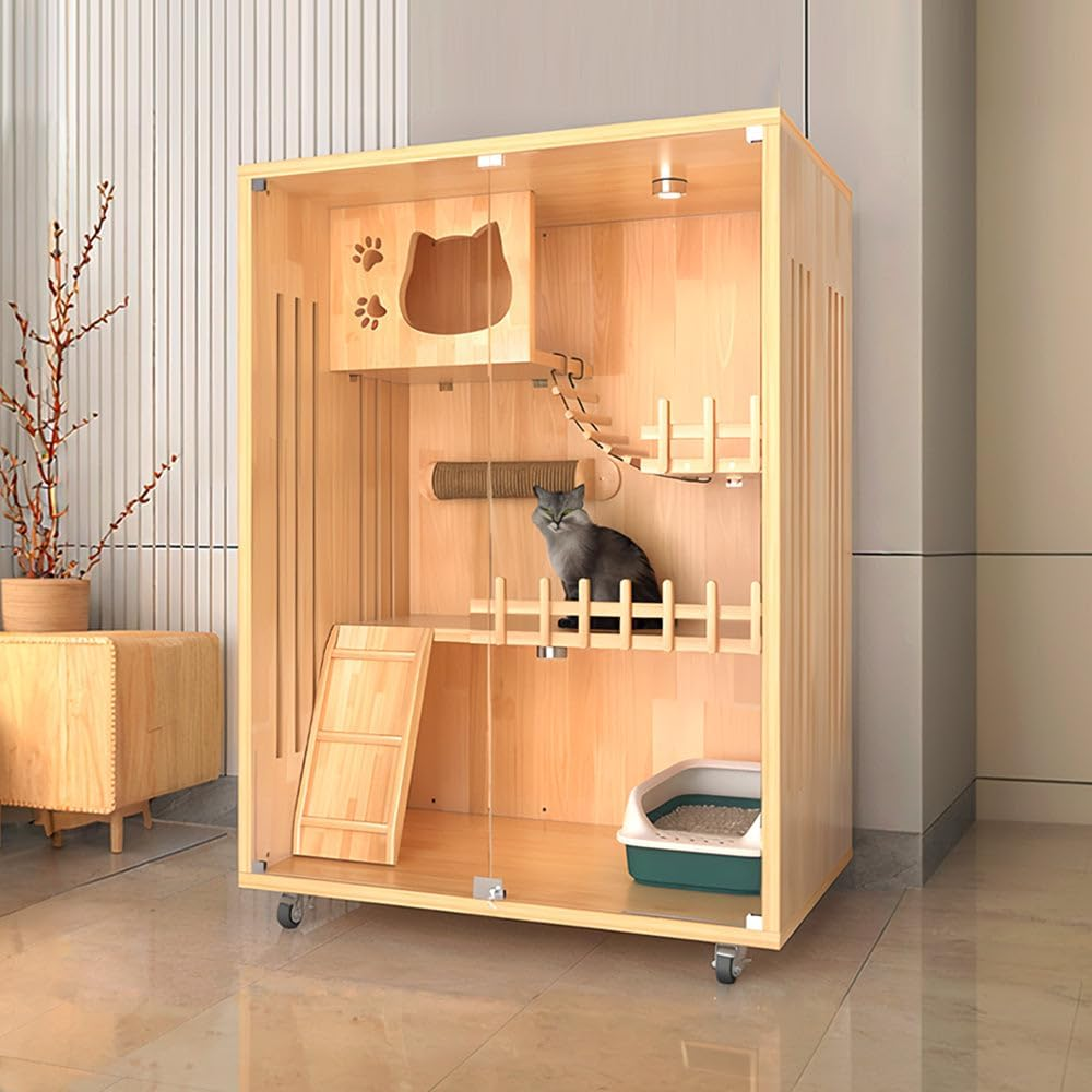 Large Indoor Cat House - Multi-Level Wooden Cat Villa with Lockable Wheels, Tempered Glass Doors & Ventilation, Enclosed Cat Condo for Indoor Cats, 35"X 24"X 49" (90&times;60&times;125 Cm) image number 1
