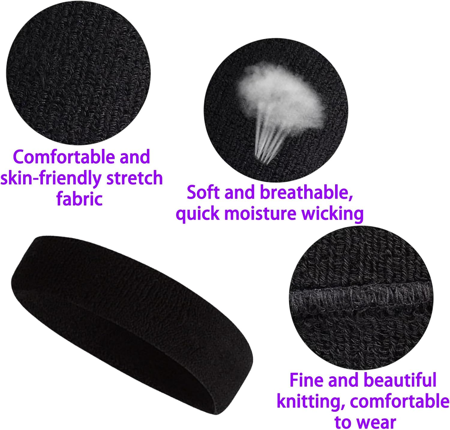 3PCS Black Sweatbands - Quick Drying Sports Headbands for Men & Women, Ideal for Tennis, Basketball, Running, Gym, and Fitness Workouts image number 2