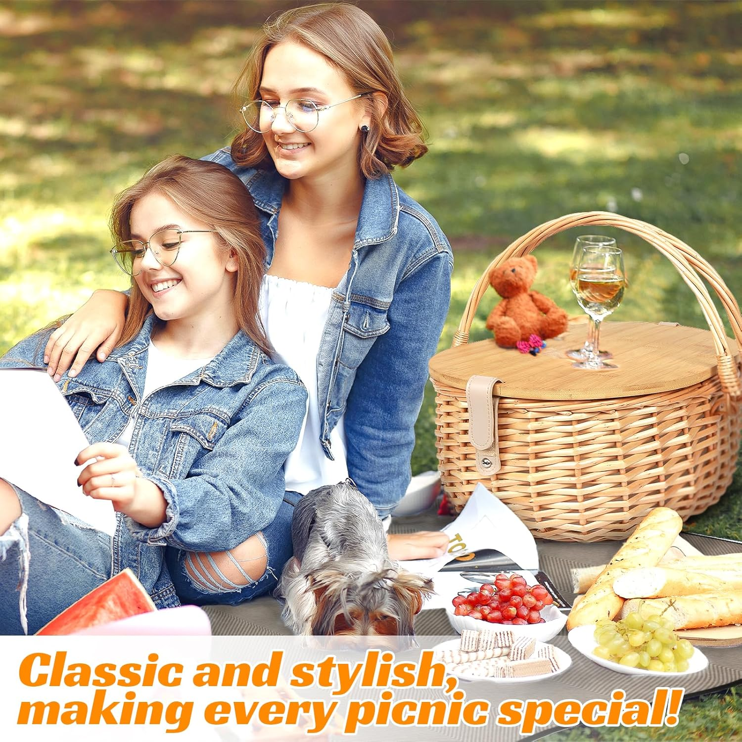 Hap Tim Dual Wicker Picnic Basket Set with Blanket for 2 - Unique Gifts Ideas for Couple, Engagement, Wedding, Bridal Shower, Family, Christmas - White Elephant Gifts for Adults（Au2408A-2） image number 6