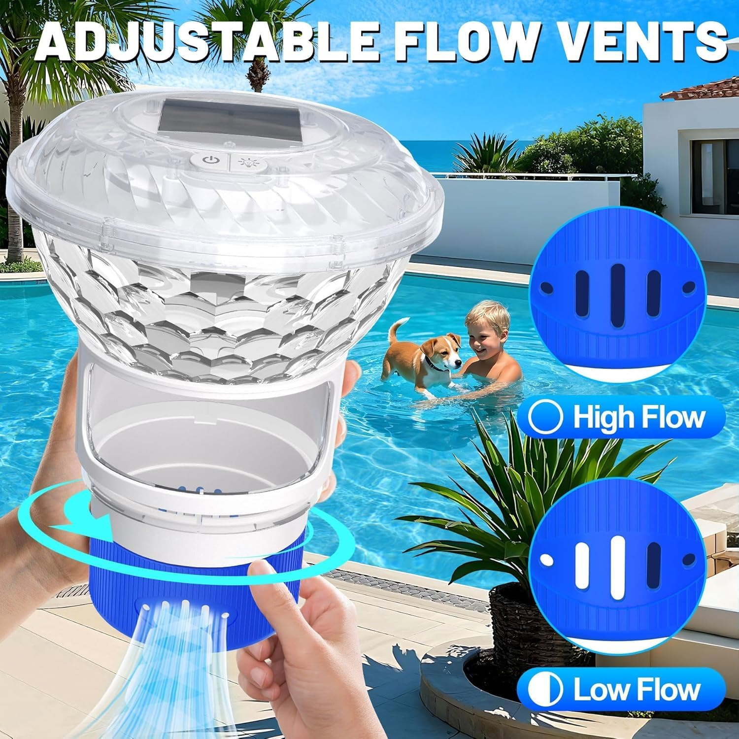 2025 Upgrade Solar Pool Chlorine Floater with Colorful Light Show, Easy Opening, Buttons Control Floating Chlorines Dispenser for Pool, Adjustable Flow Chlorines Floaters, Hot Tub Chlorines Floaters image number 2