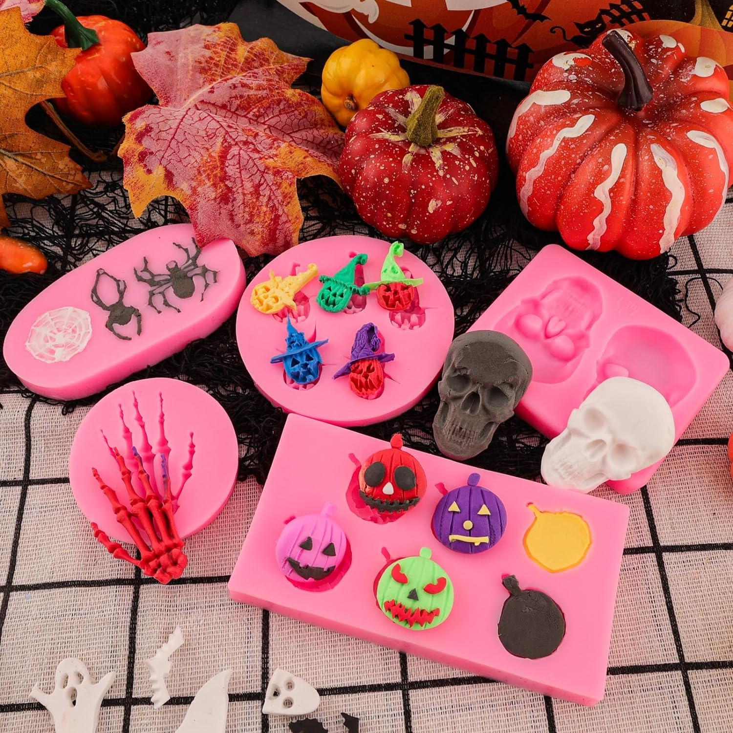 Halloween Molds Silicone Pumpkin Skull Spider Batskeleton Hand Bat Ghost for Chocolate Candy Fondant Polymer Clay Cupcake Gummy Cake Decorating