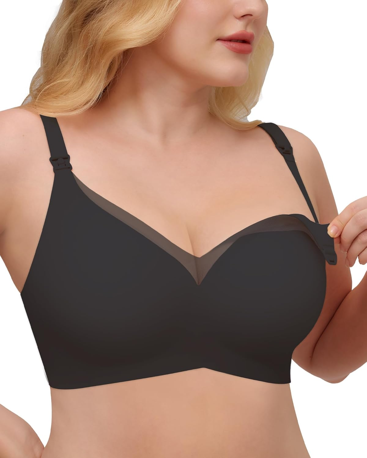 As Fairy Nursing Bra for Breastfeeding, without Underwire, Seamless Pregnancy Bra, Non-Wired Lace Nursing Bras, Ultra Comfort Pregnancy Sleep, Large Breasts, Nursing Bra, Black (Black Lace), S image number 1