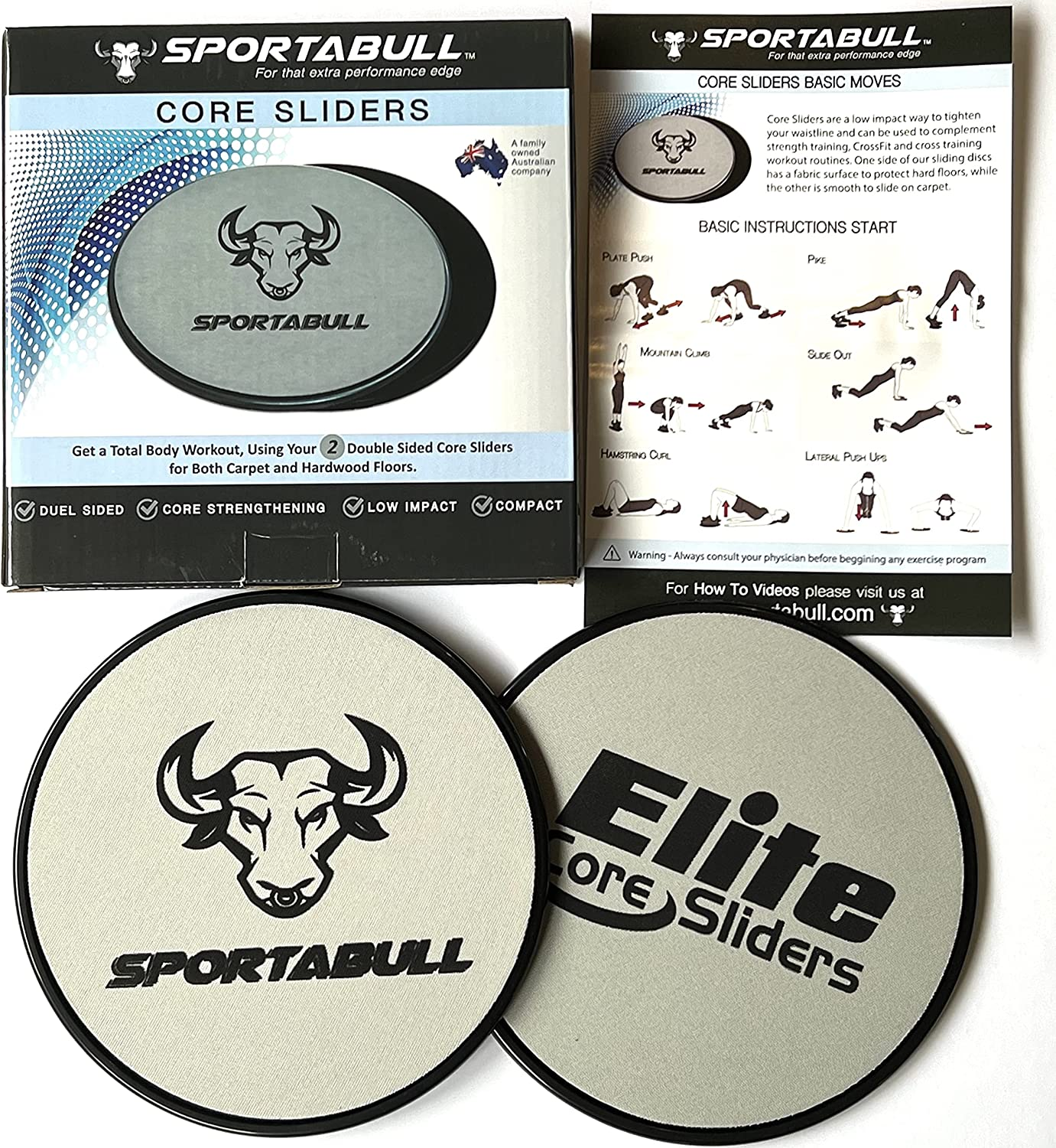 SPORTABULL Duel Sided Core Sliders - Premium Gliding Sliding Discs Double Purpose Hard Floors or Carpet for Home Gym Yoga Abs Workout Full Body Training image number 1