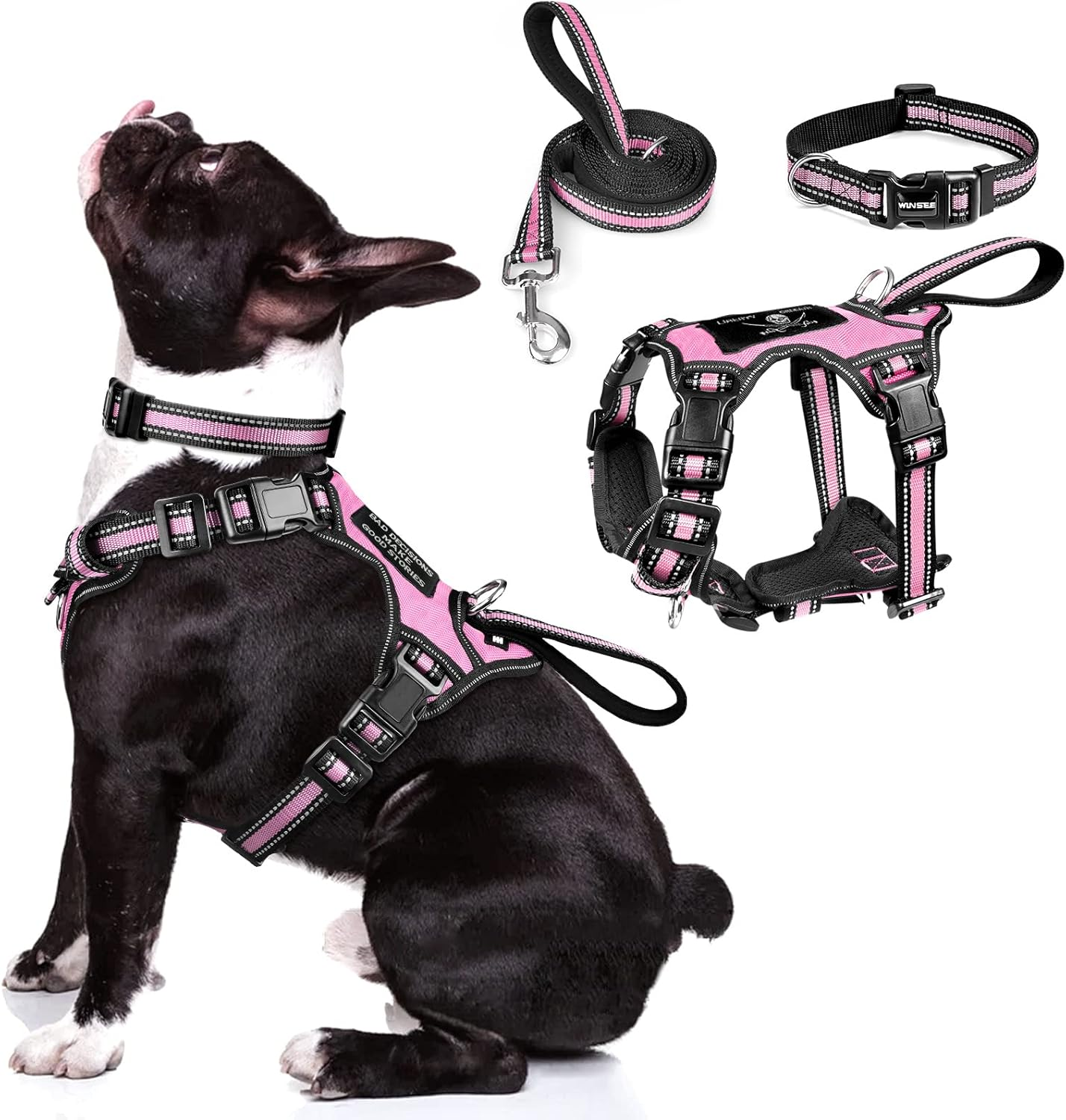 WINSEE Pet Harness Collar and Leash Set, All-In-One Reflective Dog Harness No Pull with Adjustable Buckles for Puppies, Small, Medium, Large, and Extra-Large Dogs (Large, Pink)