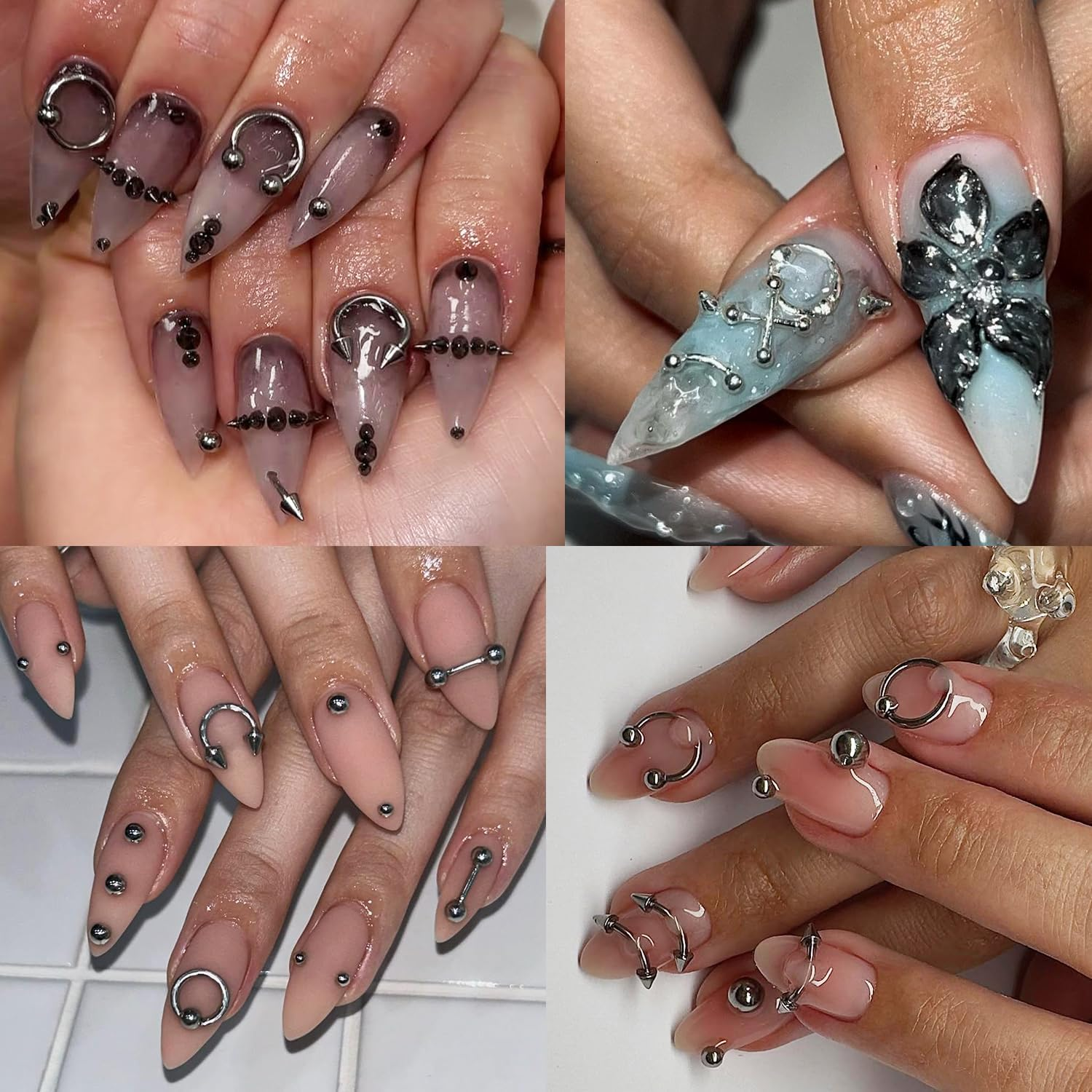 Fspronail Nail Piercing Charms, Black Silver Charms for Nails Metal Punk Goth Charm Cross Stud Rivet Spike Ring Piercing Jewelry Manicure Supplies Y2K Decoration DIY Craft (Silver Black 2) image number 5