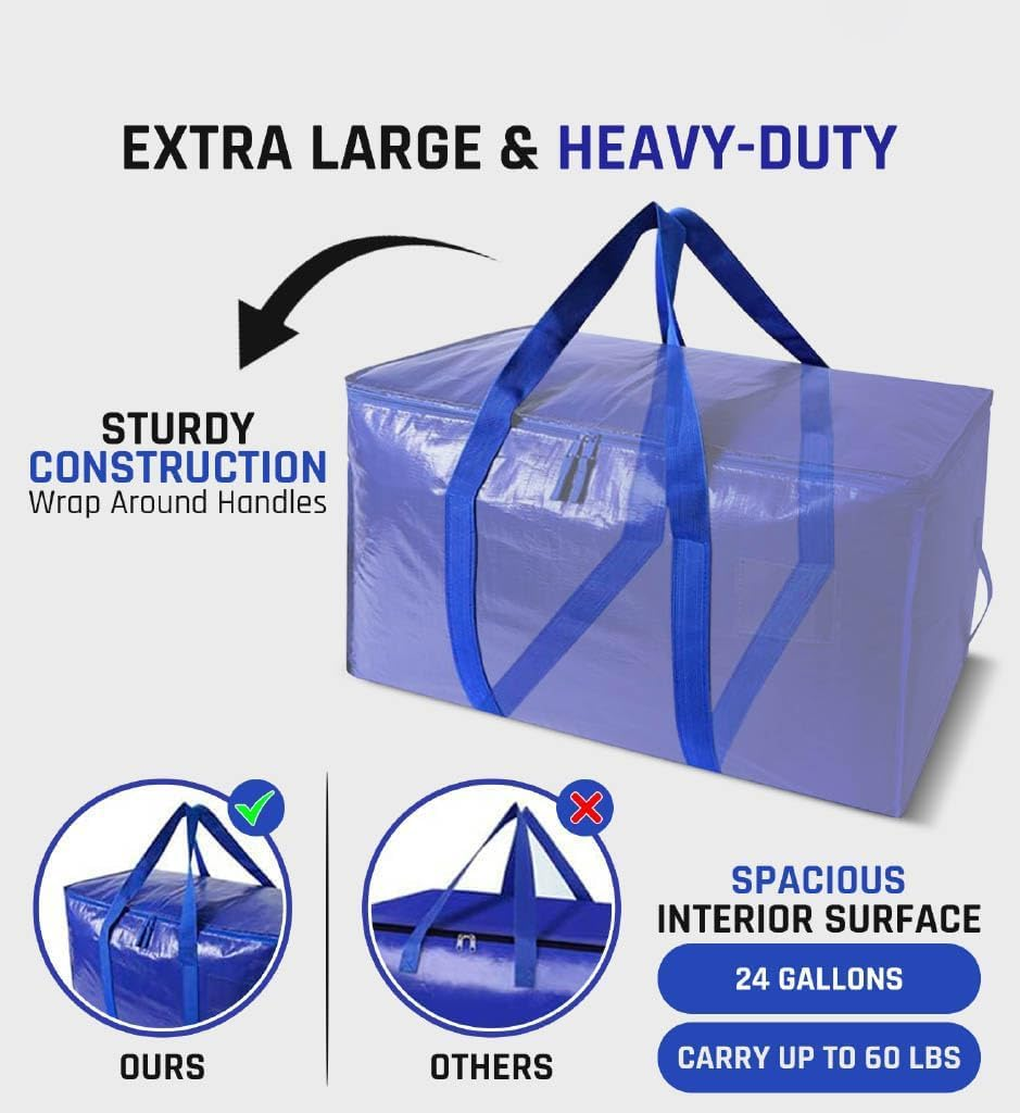4 Pack Heavy Duty Moving Bags with Zippers and Strong Handles - Packing Bags for Moving, Storage, Travel, Camping, Space-Saving Alternative to Moving Boxes, College Essentials, Moving Supplies image number 3