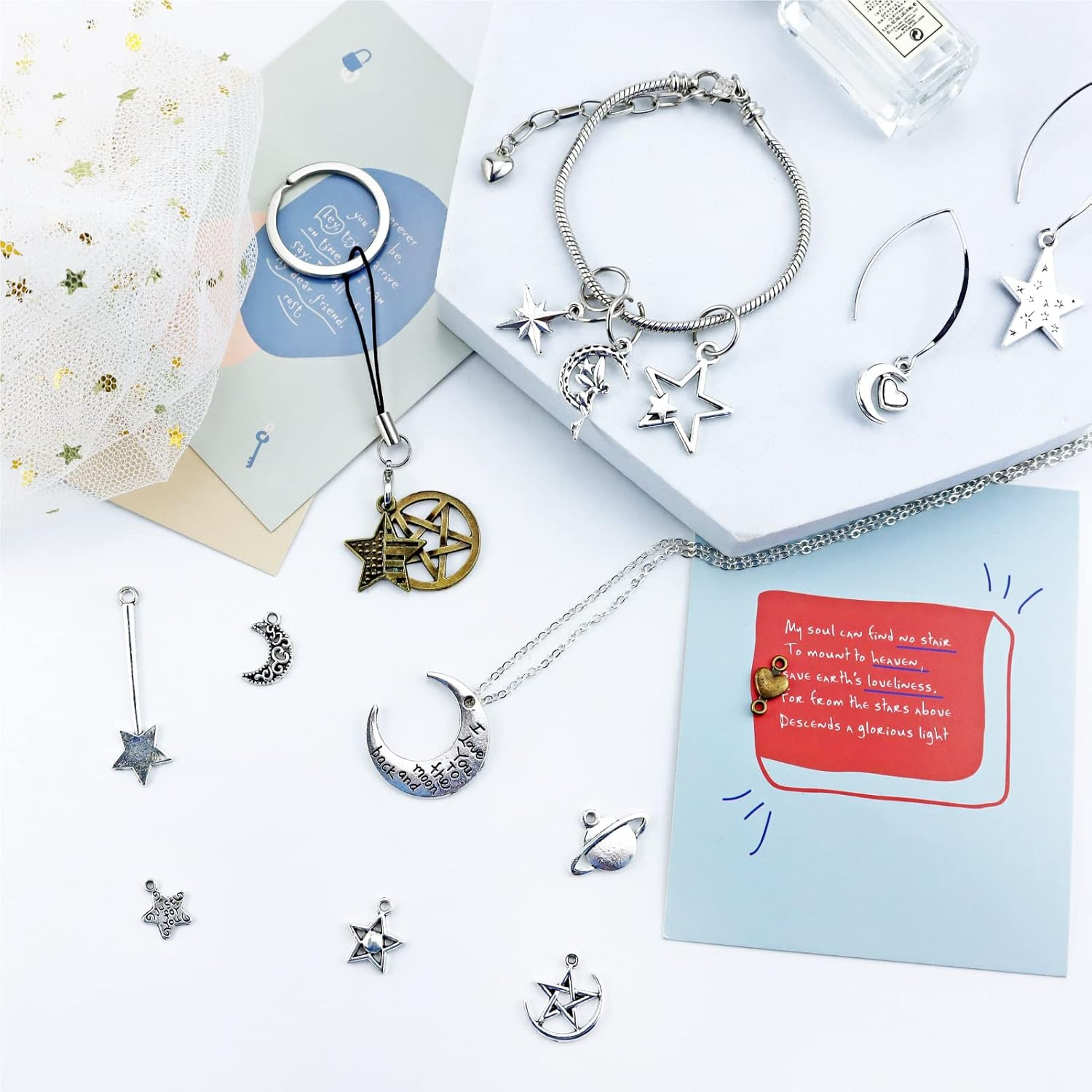 JIALEEY Celestial Mixed Sun Moon Star Charms, Wholesale Bulk Lots Antique Alloy Charms Pendants DIY for Necklace Bracelet Jewelry Making and Crafting, 100G(74Pcs), Alloy Steel, Alloy Steel image number 2