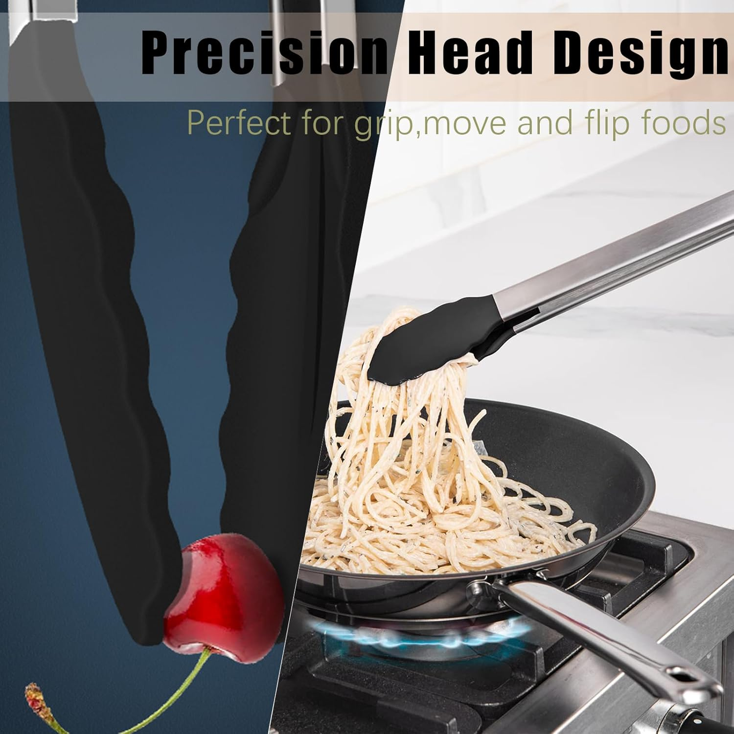 3-Piece Set Kitchen Tongs - Stainless Steel with Heat-Resistant Silicone Tips for Cooking, Grilling, Turning - Includes 7", 9", and 12" Sizes - Black Silicone Handles - Bpa-Free