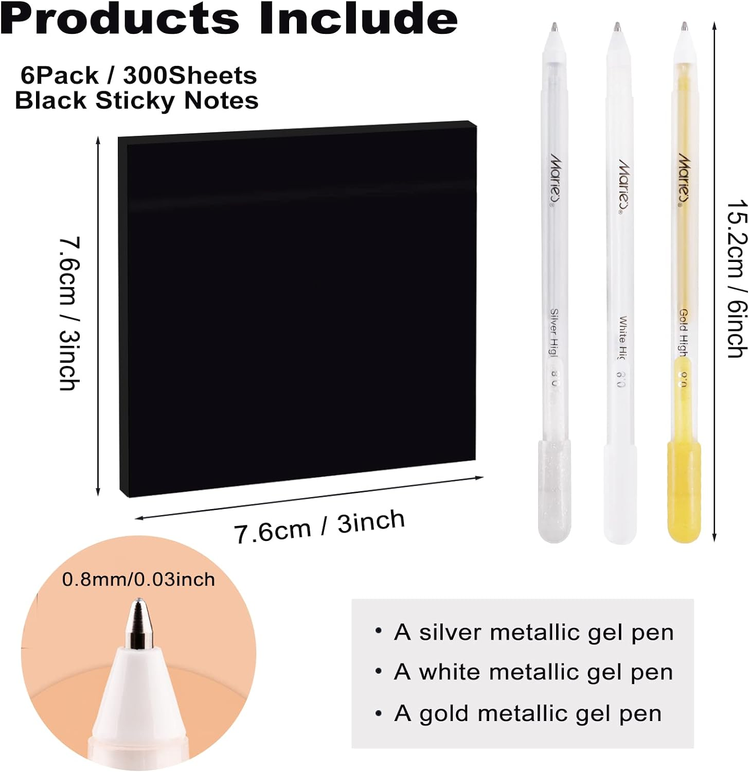 6 Pads Sticky Notes 3 X 3 Inches, Black Self-Stick Notes with White Gold and Silver Gel Pens, 50 Sheets/Pad Sticky Note Easy Post for Office School Home Supplies