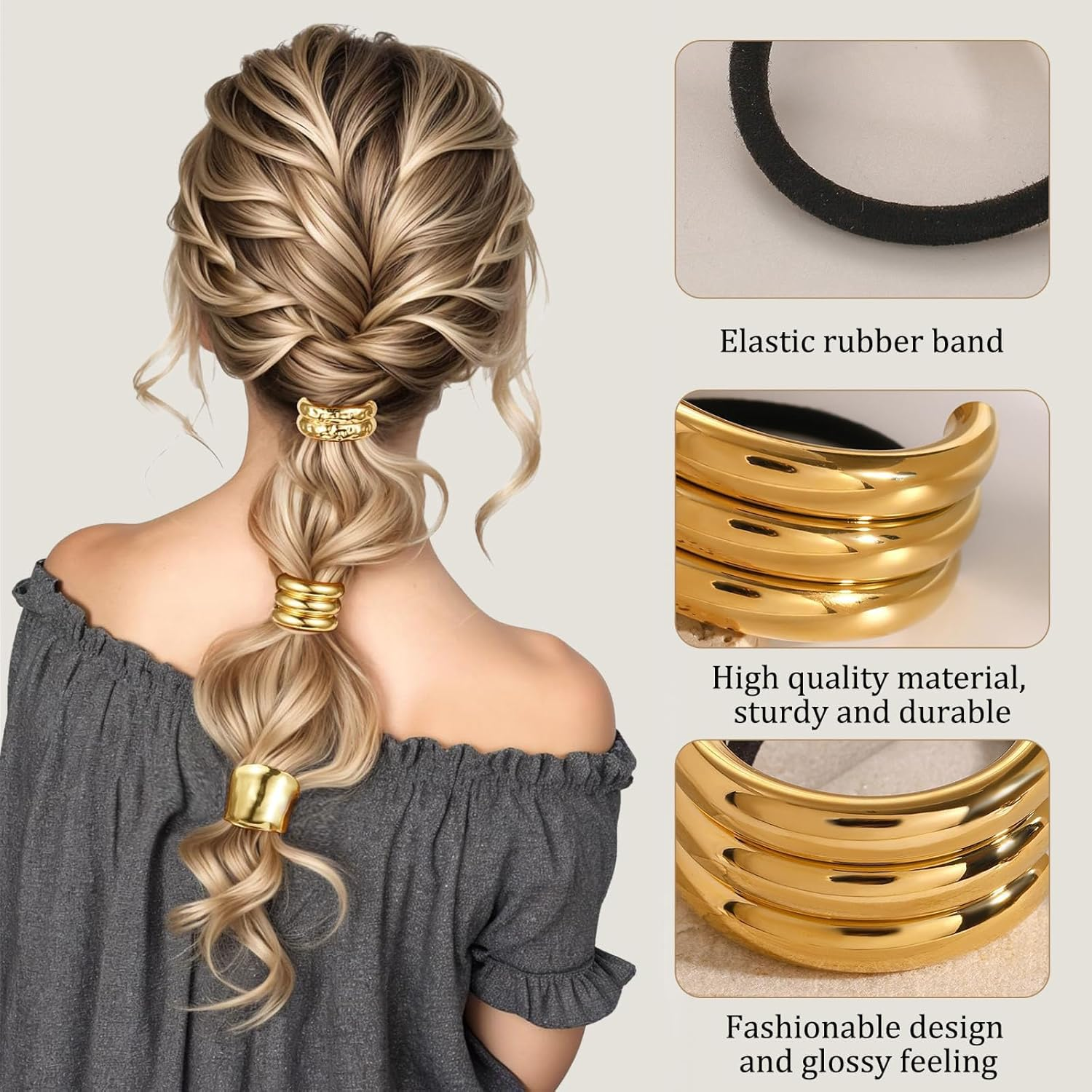 JOOTUEPO 3 PCS Metal Hair Ties for Thick Hair Ponytail Hair Cuff Gold Hair Ties Hair Cuff Wrap Hair Elastic Hairs Ties for Women Long Hairs Ponytail Holder Gold Hair Accessories
