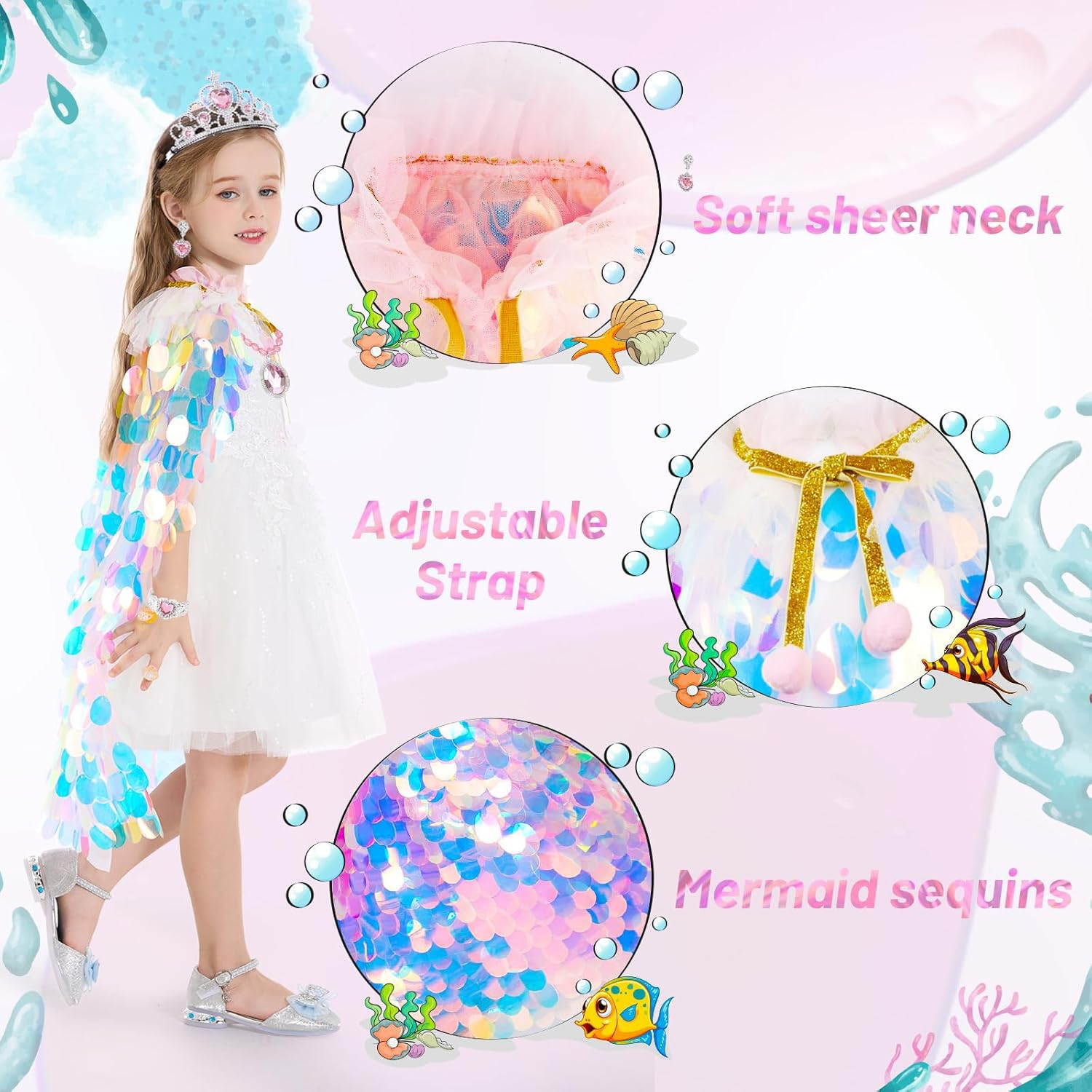 MOTYYA Princess Dress up Clothes for Girls, 9Pcs Rainbow Mermaid Cape Kit Princess Dress up Costume Toys Gift Set for Little Girls 3-8 Years Old, Party Favors Birthday Great Gift Set image number 1