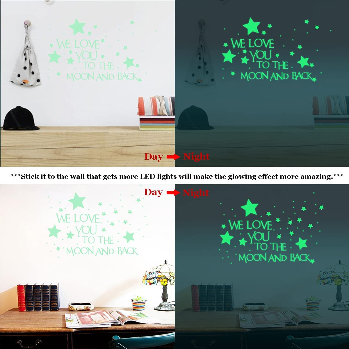 Nursery Wall Decals Glowing Words Stickers - WE Love You to the Moon and Back - Words Glow in the Dark with Stars around Wallpaper for Kids Bedroom Ceiling image number 2