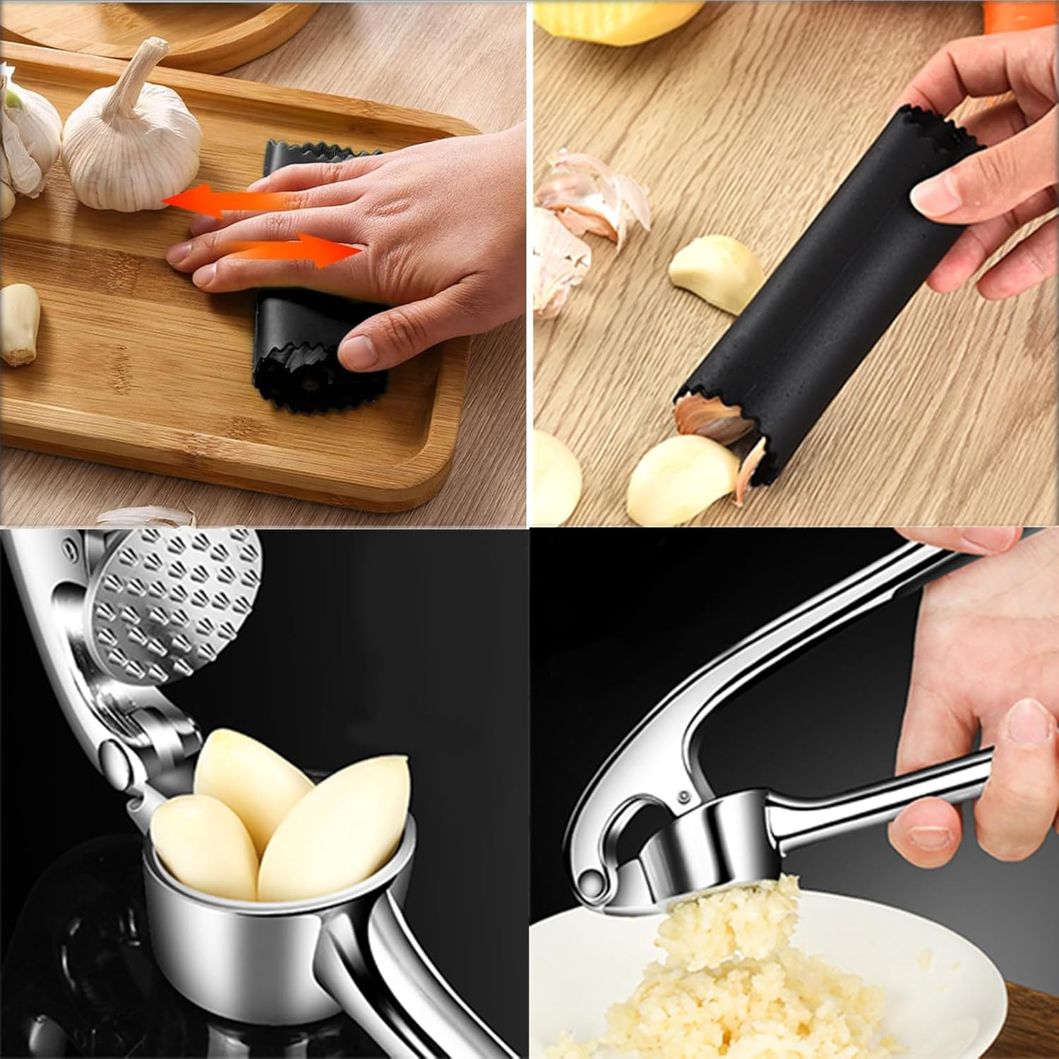 Garlic Press, Garlic Cutter with Garlic Peeler and Cleaning Brush, Garlic Cutter Garlic Press and Dishwasher Safe, Comfortable and Easy to Clean, Zinc, Silver image number 6