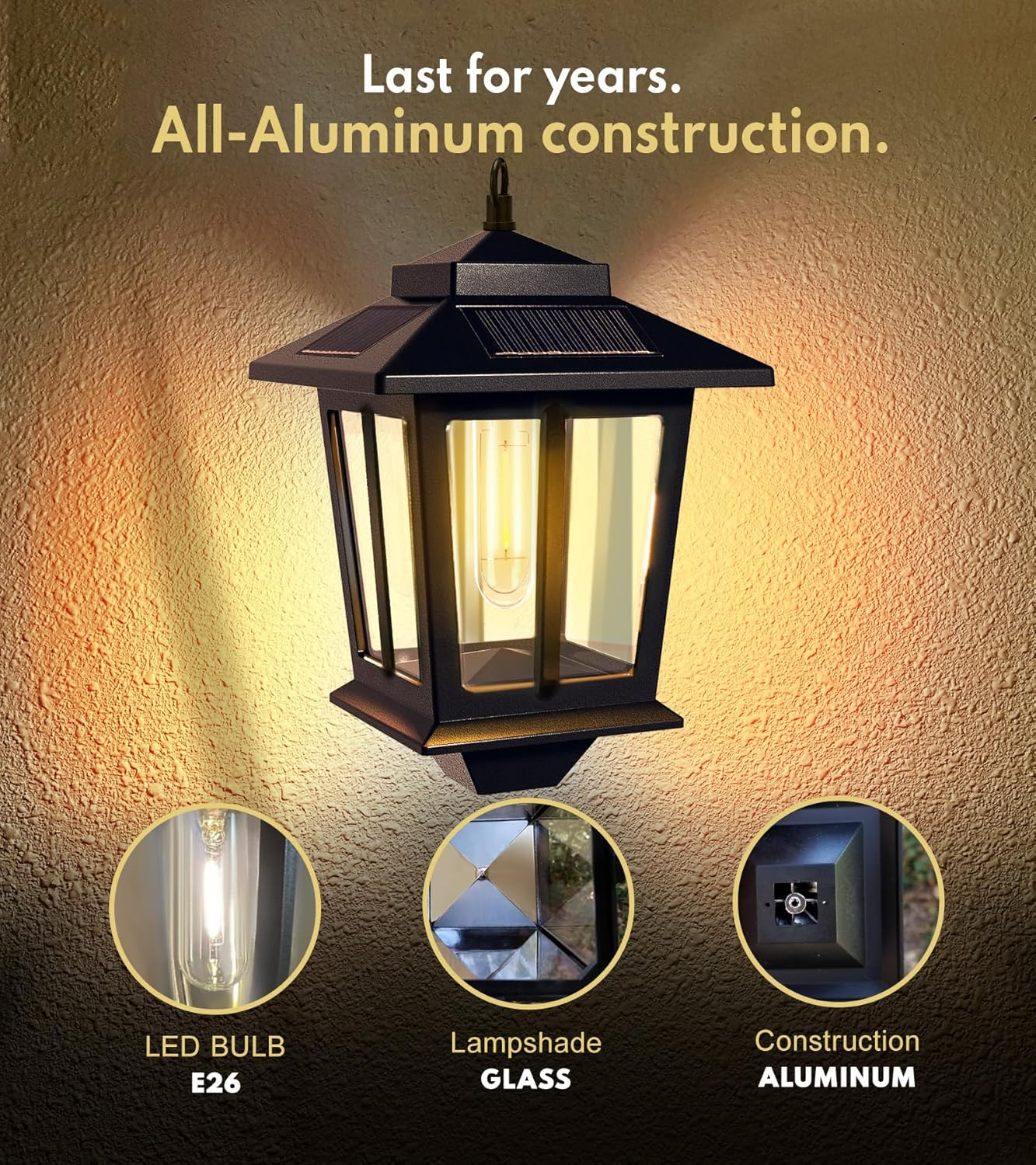 2 Pack Hanging Solar Lantern, Aluminum Outdoor Hanging Solar Lights with 4 Solar Panels, Dusk to Dawn Led Outdoor Solar Lanterns, Anti-Rust Waterproof Solar Wall Lanterns with Hooks, 3000K Warm White image number 6
