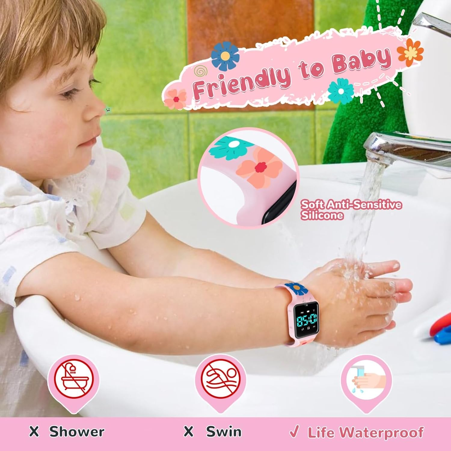 Potty Training Watch for Toddler with Countdown, Alarms, Music or Vibration Alerts - Waterproof Toddler Toilet Trainer for Boys & Girls Ages 2-9, Pink Flower - Apricot Butterfly image number 4
