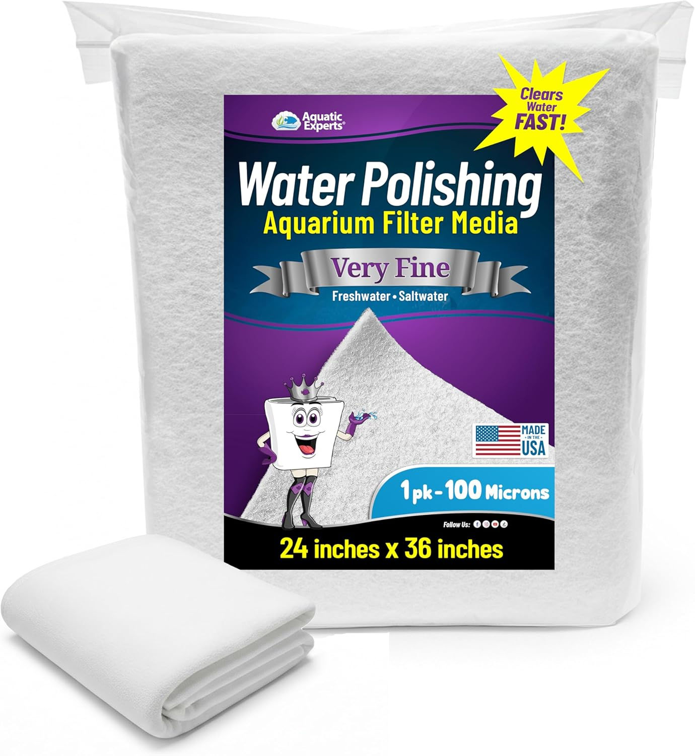 Polishing Filter Pad 100 Micron - 1 Pack -Superior Aquarium Prefilter Media - Cut to Fit 24" by 36" for Fresh Water & Saltwater Fish Tanks, Aquaculture, Hydroponics - Made in USA