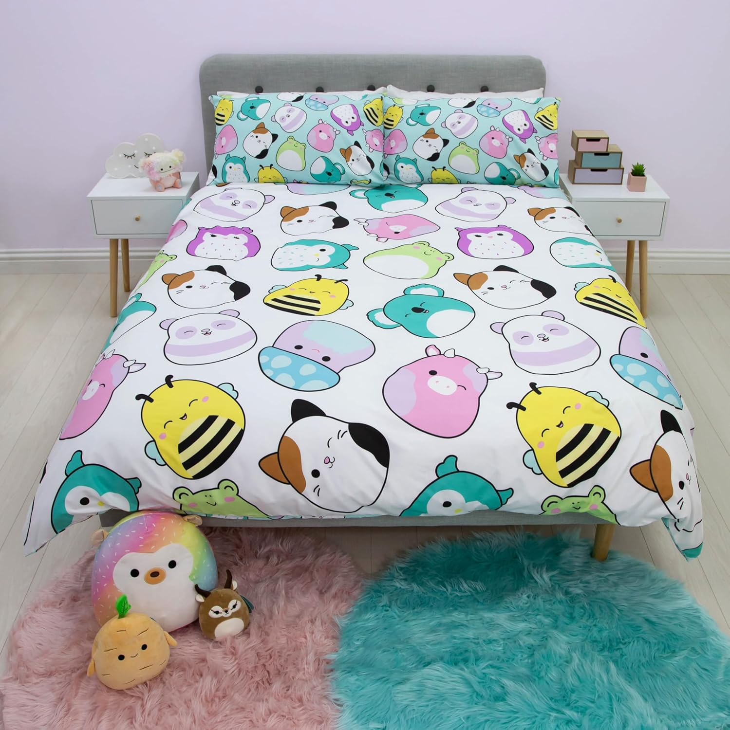 Squishmallows Official Double Duvet Cover Set, Happy Design | Reversible 2 Sided Squish Characters Bedding Cover Official Merchandise Including Matching Pillow Cases image number 1