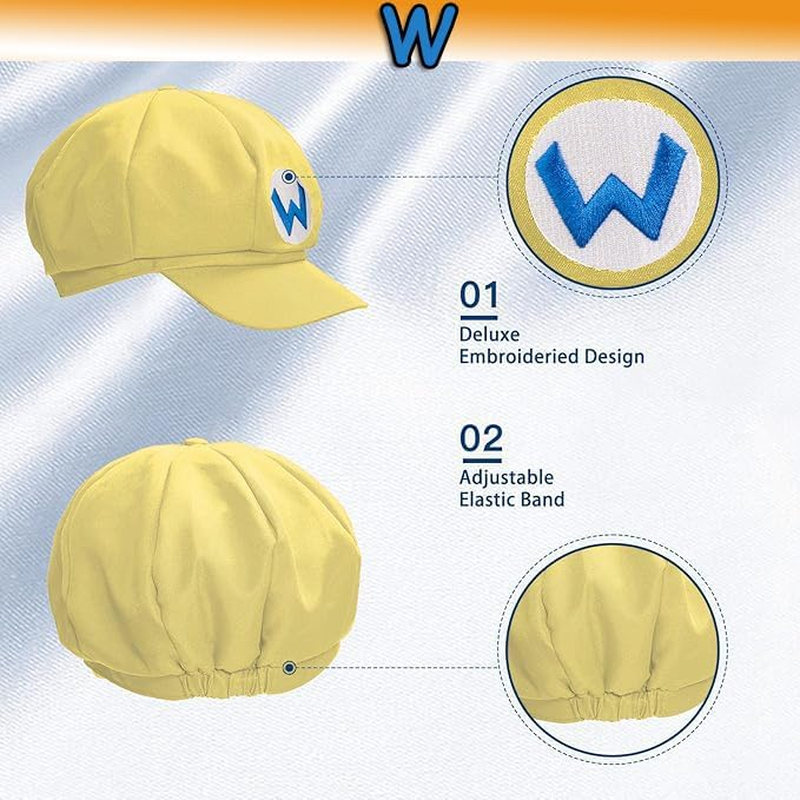 Yaliuliu Novelty Wari and Waluig Costume for Adults,Women and Men - Complete Halloween & Cosplay Accessory Set with Hat, Mustache, Gloves, Buttons, and Suspenders, Yellow and Purple image number 3