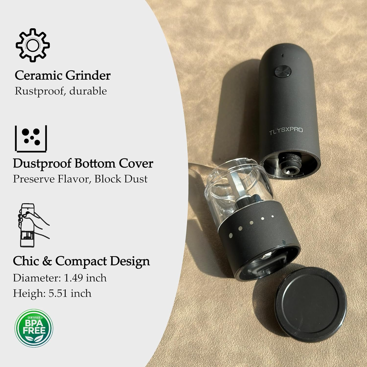 Small Electric Salt and Pepper Grinder Set, USB Rechargeable, Automatic Pepper Mill Grinder with Adjustable Coarseness, Electric Salt Shakers, One Hand Operation for Kitchen (2 Packs, Black)