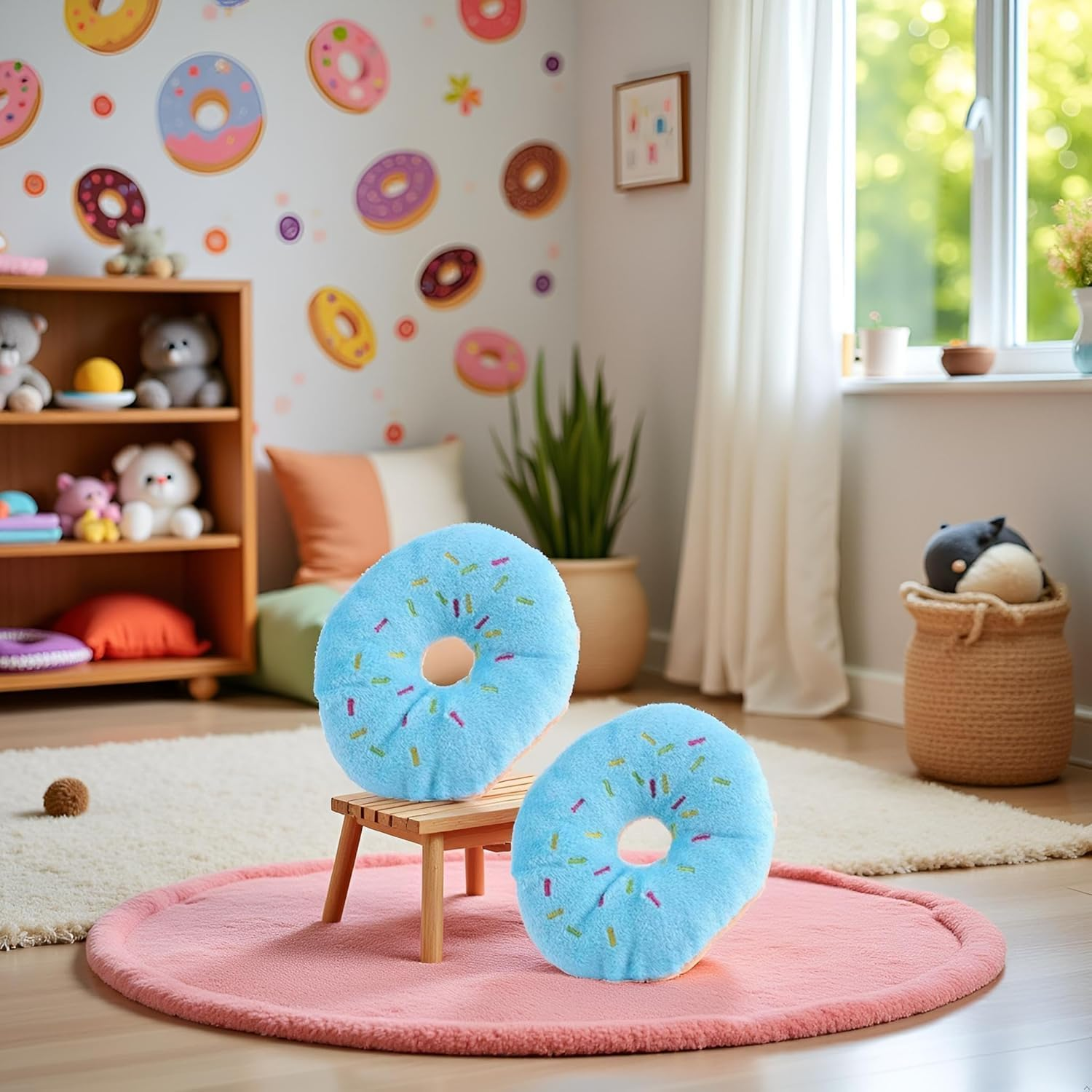 2 PCS Blue Donut Shape Plush Pet Toy Funny Dog Toys,Lovely Donut Shaped Squeaky Squeaking Sound Toy for Pet Chew Toy Squeaky Plush Blueberry Chew Guard Dog Squeak Toys image number 6