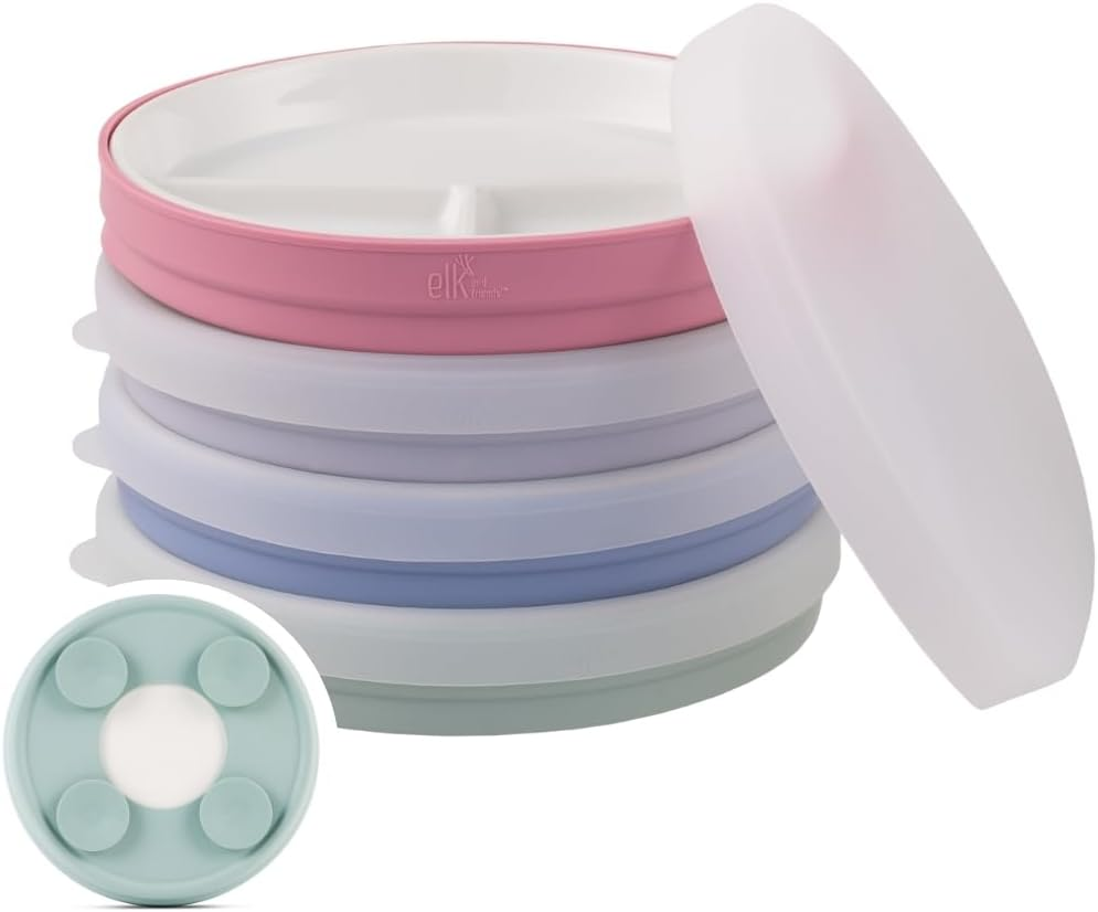 Elk and Friends Kids 7.8&rdquo; Porcelain White Divided Plates with Silicone Suction Sleeves + Lids | Suitable for Babies/Toddlers | Microwave & Dishwasher Safe | Stay Put Dinnerware | Snack Dishes | 4 Pack image number 2