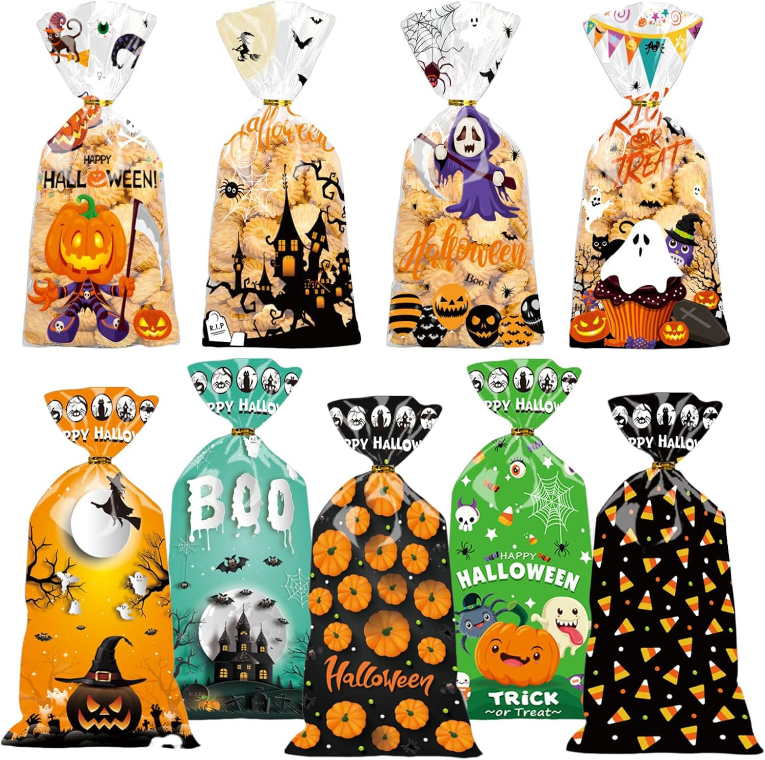 SYTHAK Halloween Treat Bags,100Pcs Bat Pumpkin Spider Witch Cellophane Plastic Bags,Trick or Treat Candy Goody Snacks Cookies Gift Bags Bulk with Twist Ties,For Holiday Halloween Party Favors Supplies image number 2