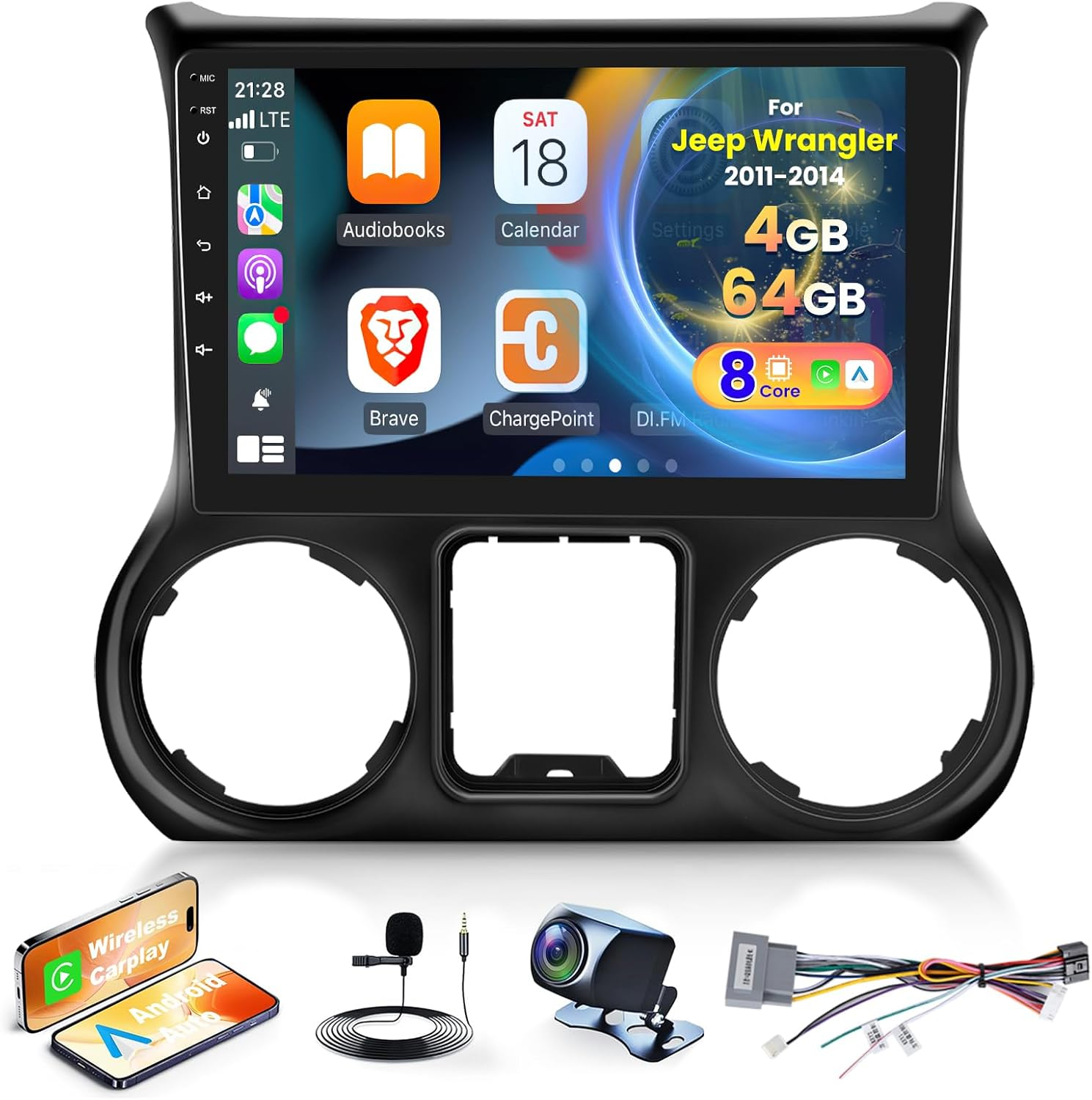 [8 Core 4G+64G] Car Radio for Jeep Wrangler 2011 2012 2013 2014-10.1 Inch Android Touch Screen Car Play Stereo, DSP 32 EQ Audio/Ips Screen/Carplay/Android Auto/Swc/Bt 5.0/Wifi image number 4