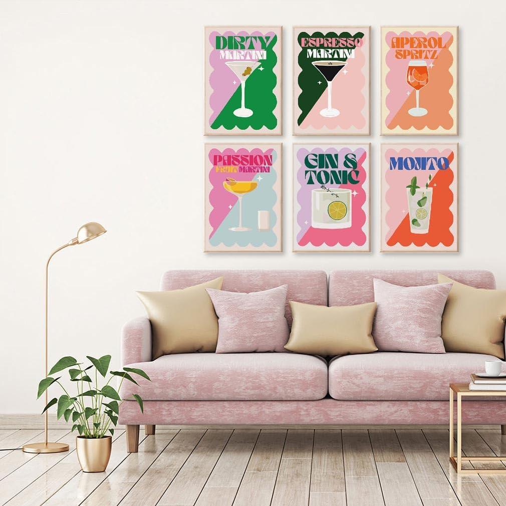 CAMOYAI 6 Pack Vintage Cocktail Paint by Numbers Kits for Adults, Simple DIY Acrylic Paint Kits on Canvas, Home Wall Decor 8X12Inch image number 2