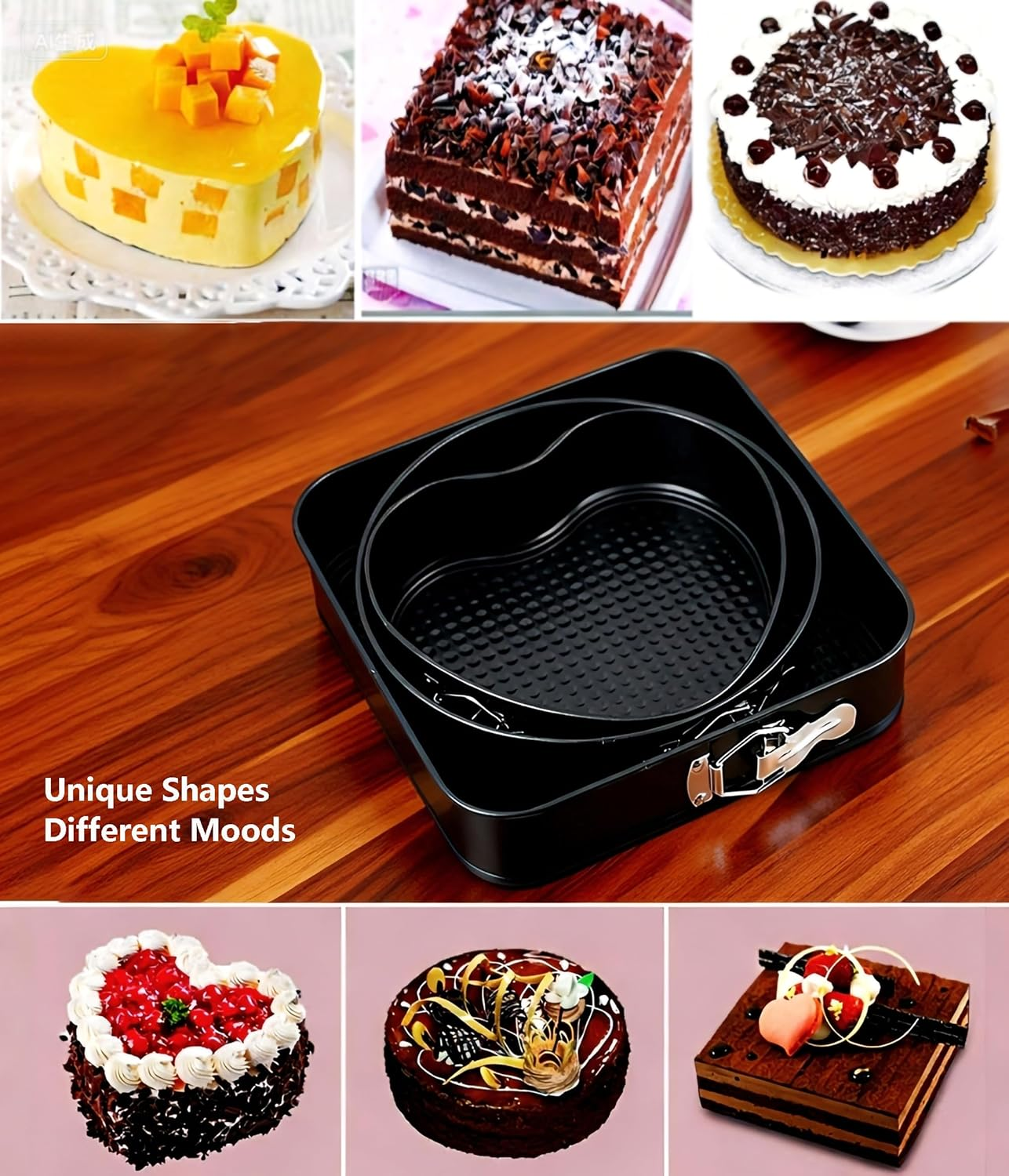 Non-Stick Springform Cake Pan Set of 3 Shapes round Square Heart image number 5