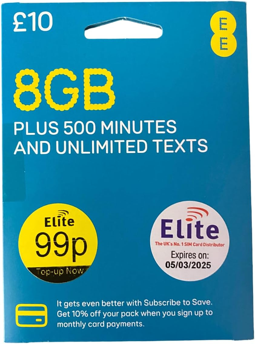 EE Pay as You Go Sim Card Preloaded with &pound;10 Credit Includes 20GB Data plus 500 Minutes and Unlimited Texts.