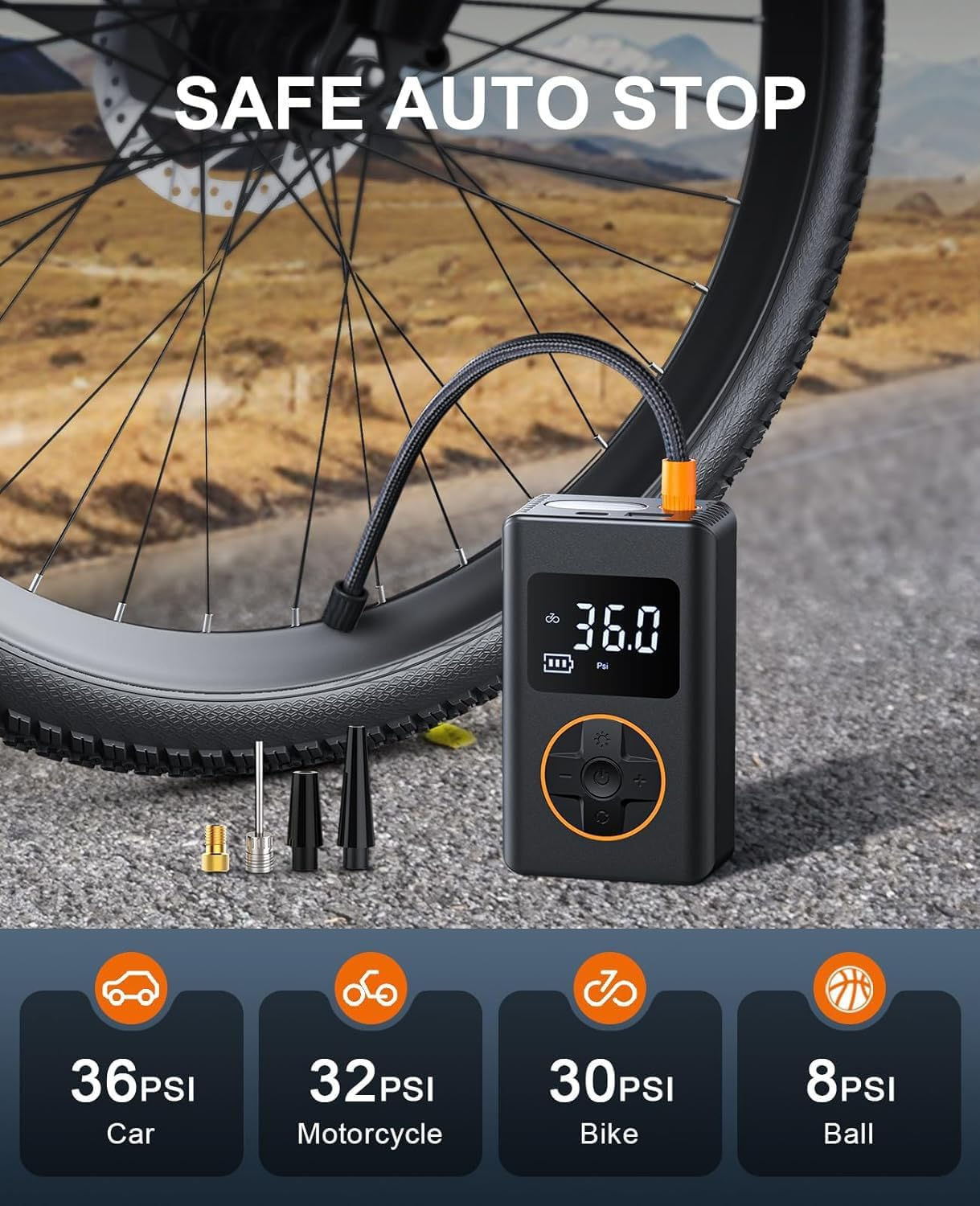 QUIXNOVA Tire Inflator Portable Air Compressor - 150 PSI Cordless Mini Bike Tire Pump, Air Pump for Car Motorcycle Bicycle Tires, Balls, with Pressure Gauge, LED Light image number 3