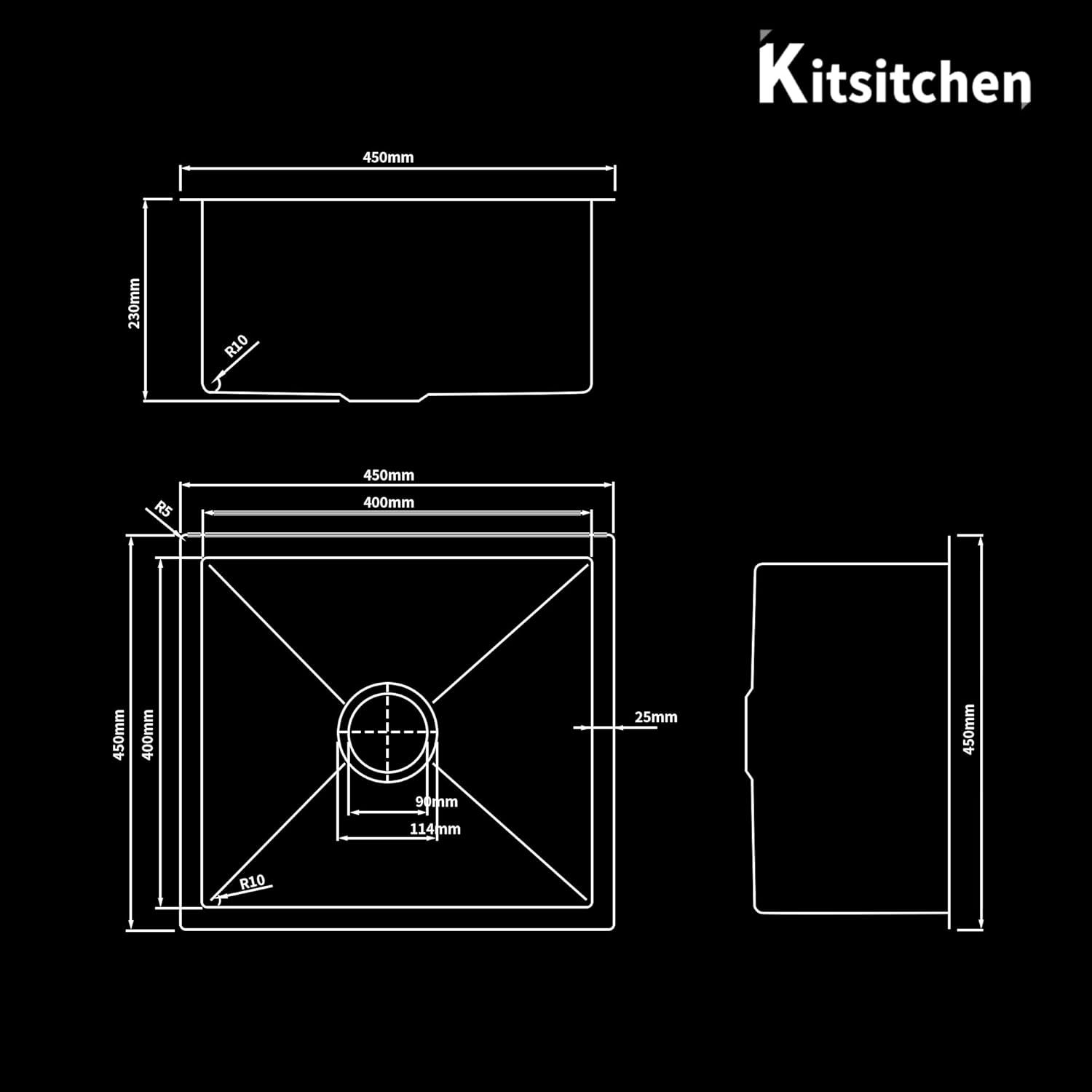 Kitsitchen Kitchen Stainless Steel Sink 45X45X23Cm Silver Single Bowl Basin Sinks Handmade, Home Laundry with Waste Drainer &Grid under Mount R10 Corners image number 7