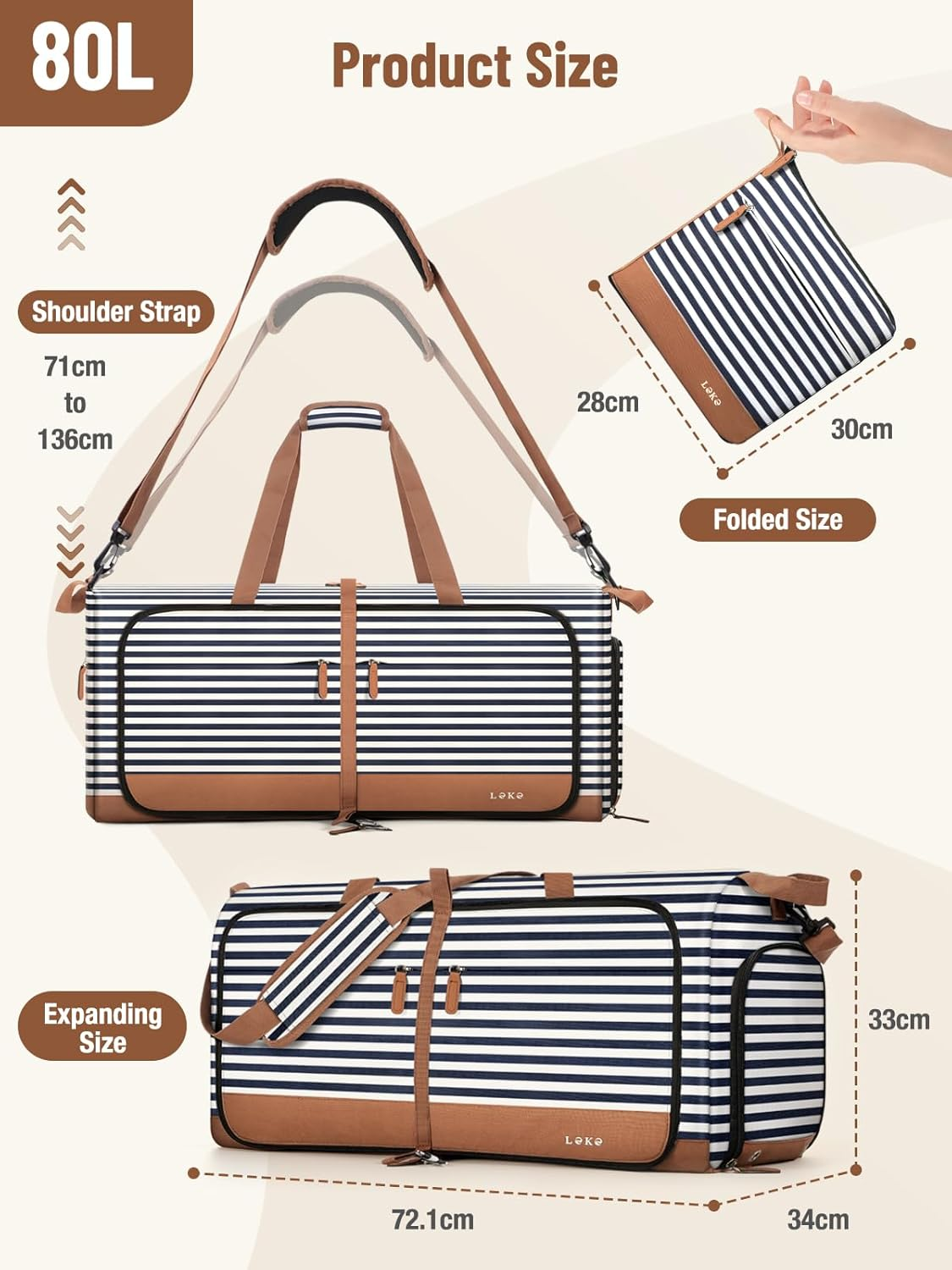 Lekebobor Travel Duffel Bag for Women, 80L Foldable Water-Resistant Large Duffle Bag with Separate Shoes Compartments & Straps, Collapsible Overnight Weekender Bag, Gym, Hospital,(Brown Stripes, 80L) image number 5
